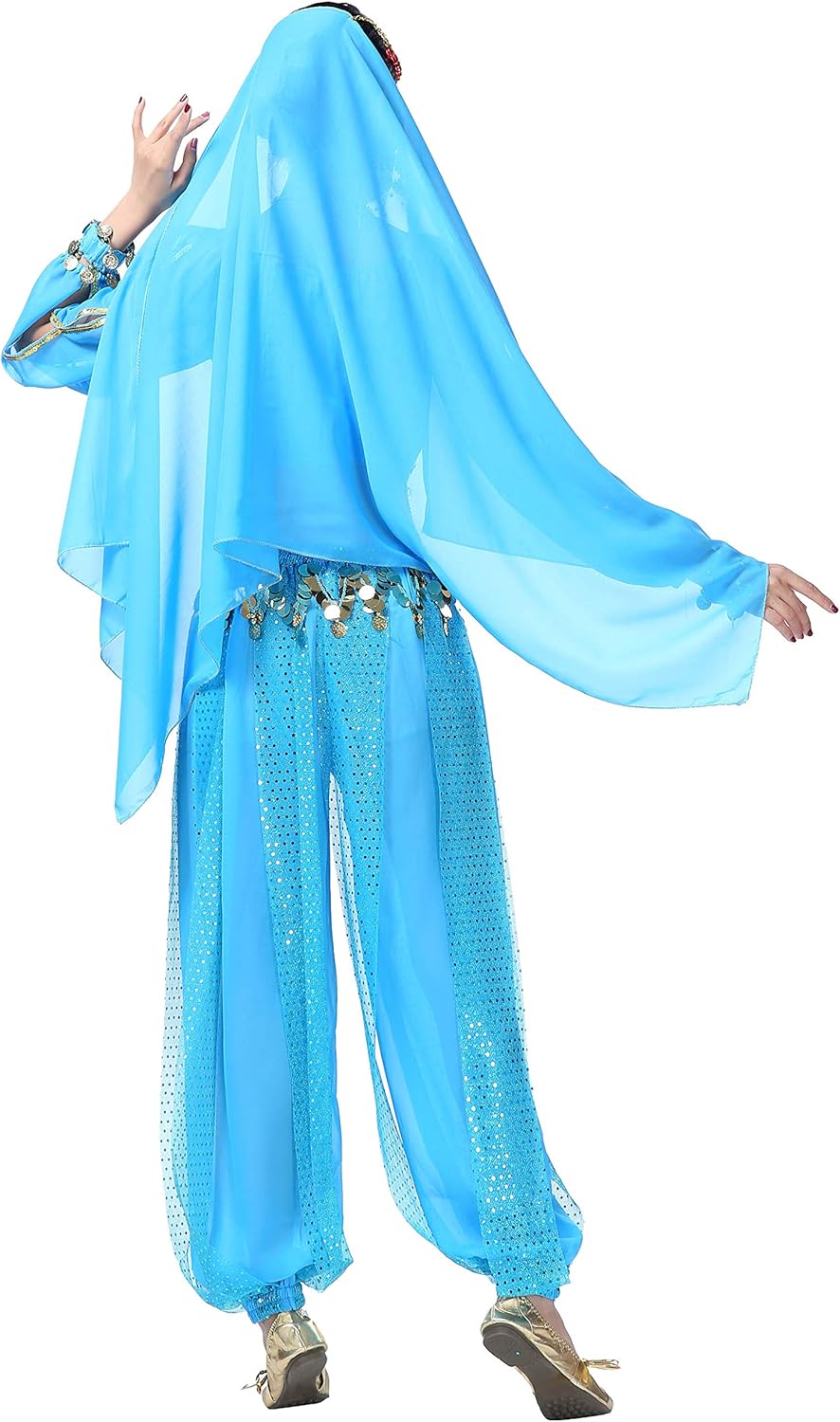 Lauthen.S Women Belly Dance Outfit Coins Top Pants Face Veil Set Halloween Costume - Image 3