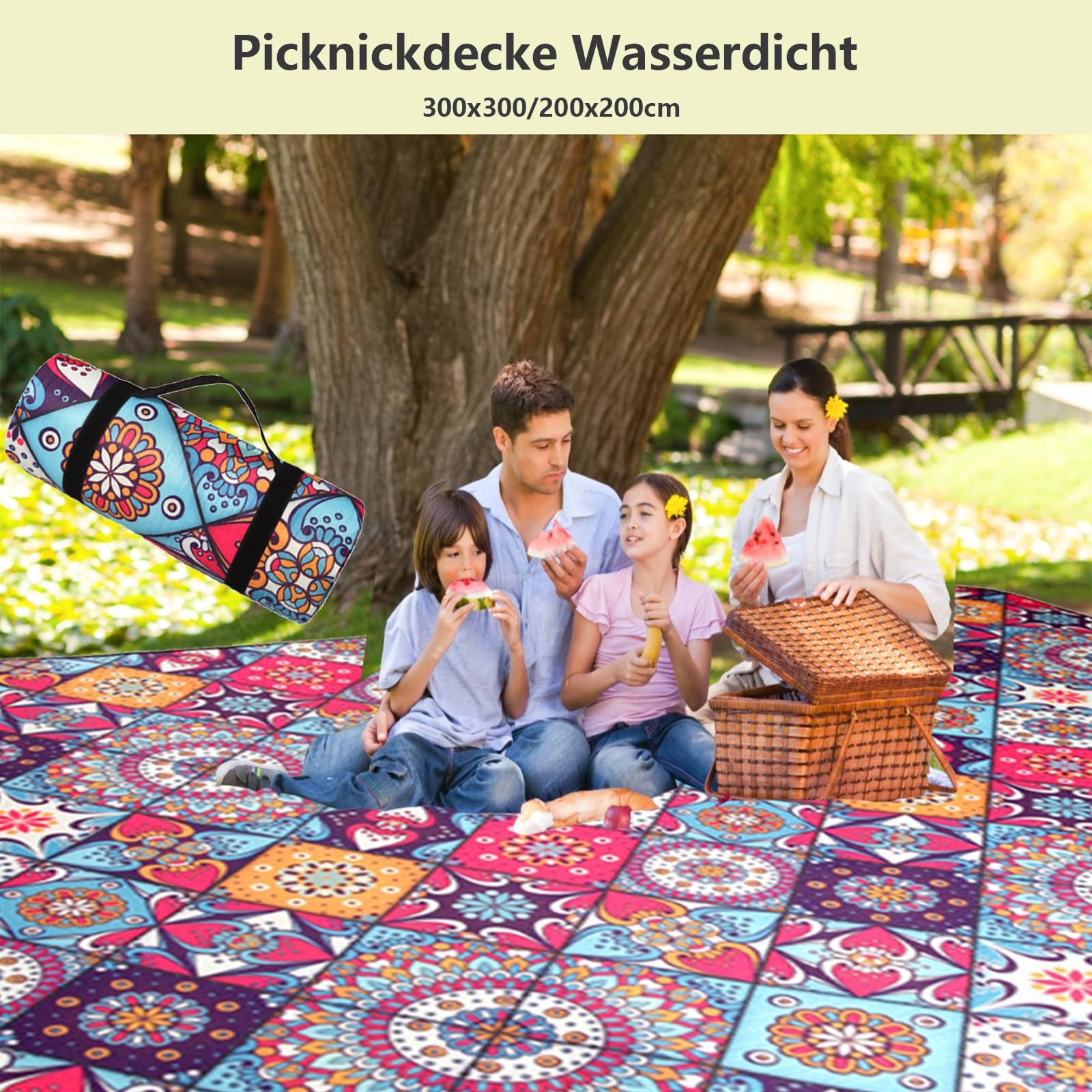 Koc podróżny piknikowy, koc kempingowy, 300x300, 3-warstwowa, bardzo duża mata plażowa z wodoodporną folią aluminiową, dywanik namiotowy, który można prać w pralce, składany duży koc piknikowy na kemp
