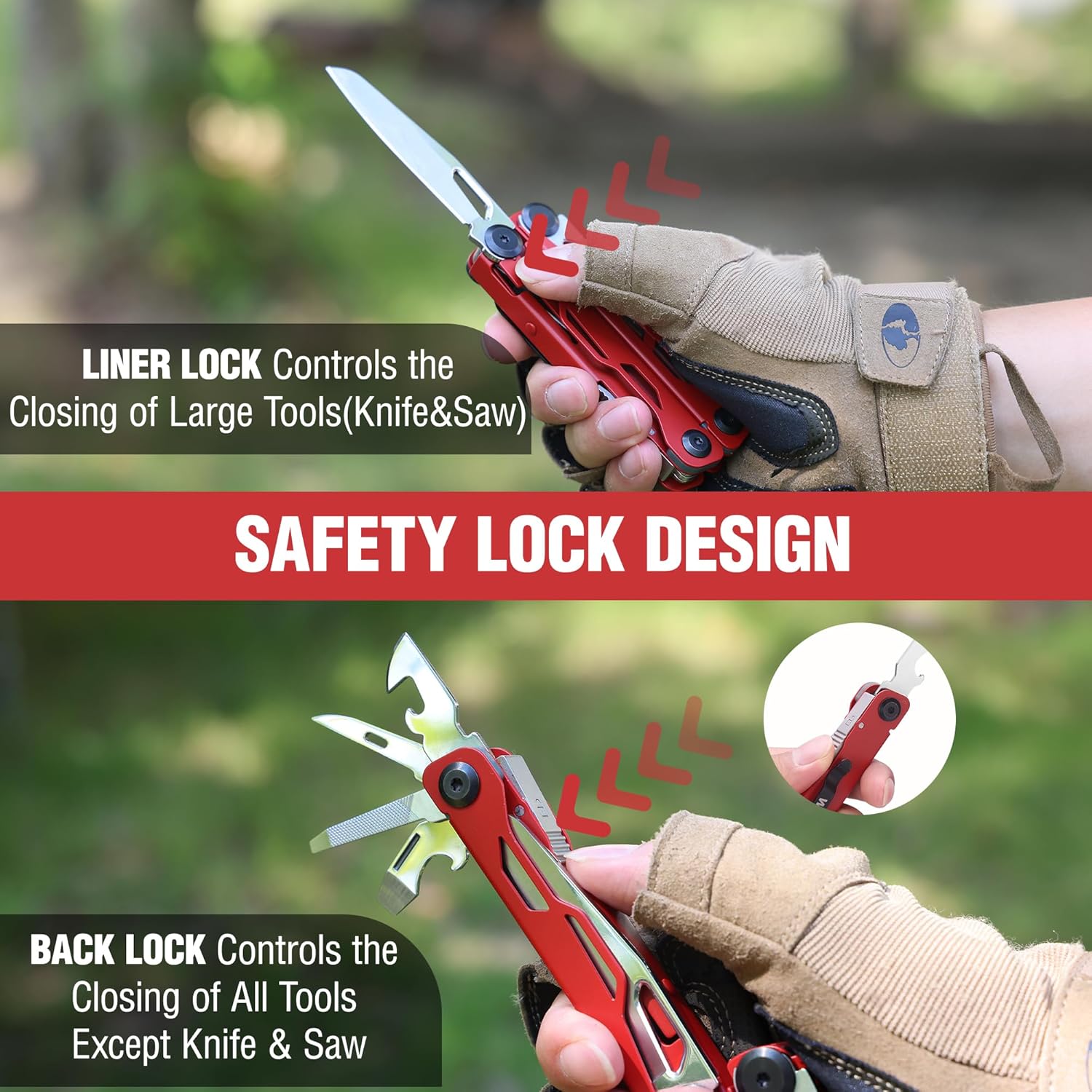 Diagram illustrating both liner lock and back lock mechanisms on the 24-in-1 multi-tool