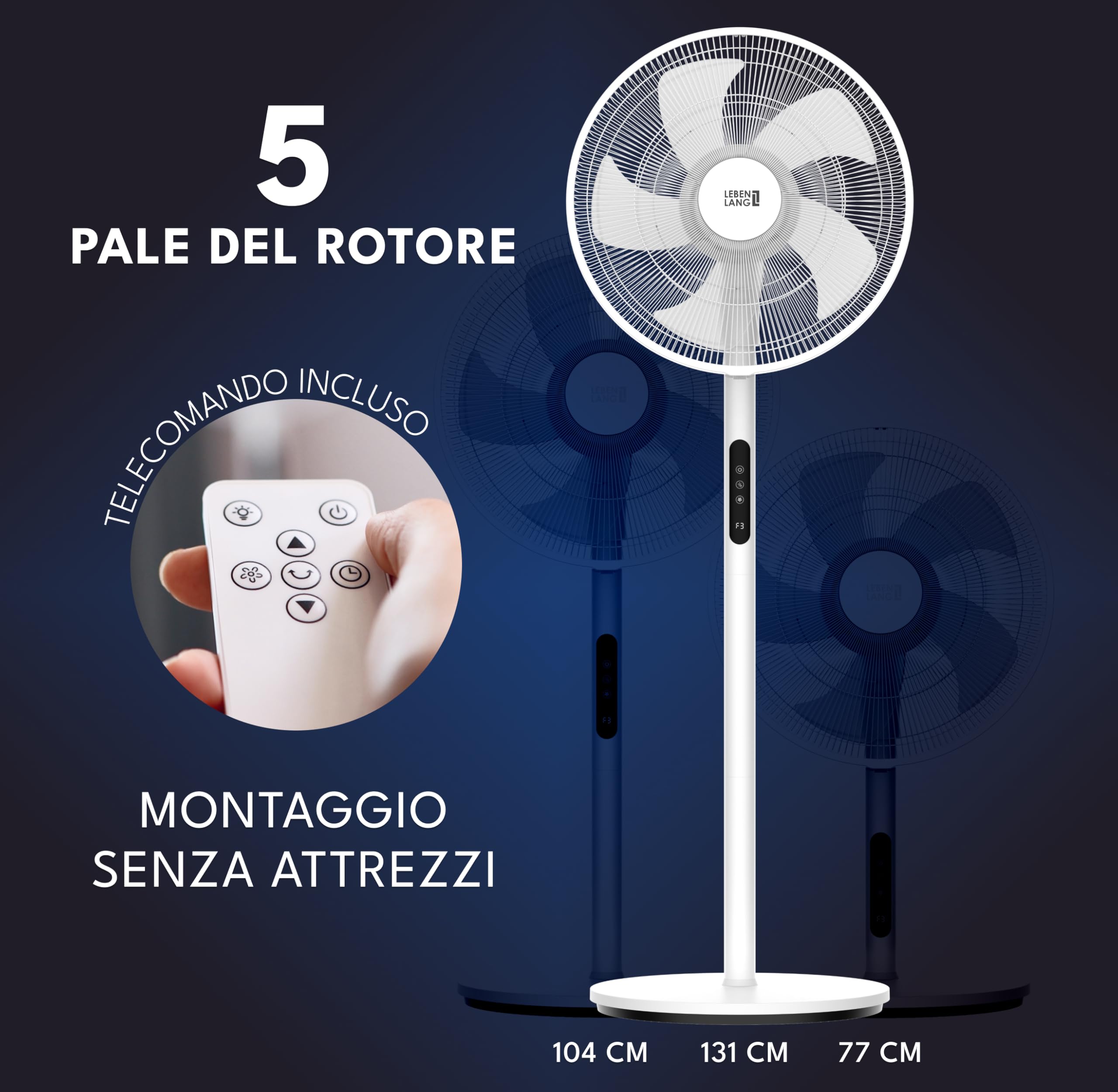 LEBENLANG Ventilatore a piantana - 60W & 5 modalità I 45cm Oscillante | Con telecomando & display LED I Ventilatore silenzioso Electric fan da pavimento Standing fans notte Ventilatori potente
