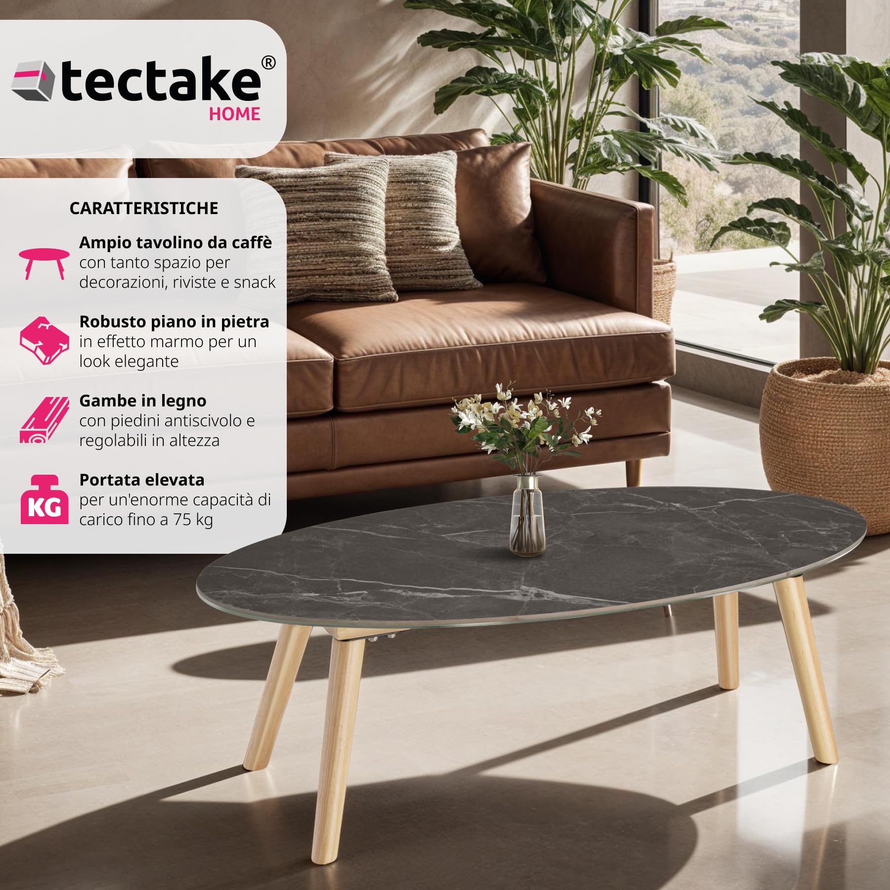 tectake® Tavolino da Salotto, Tavolo da Giardino, Tavolo da Caffè Ovale per Interno ed Esterno, Tavolino Effetto Marmo con Gambe in Legno Massiccio, 100x50x34,5 cm - Naturale