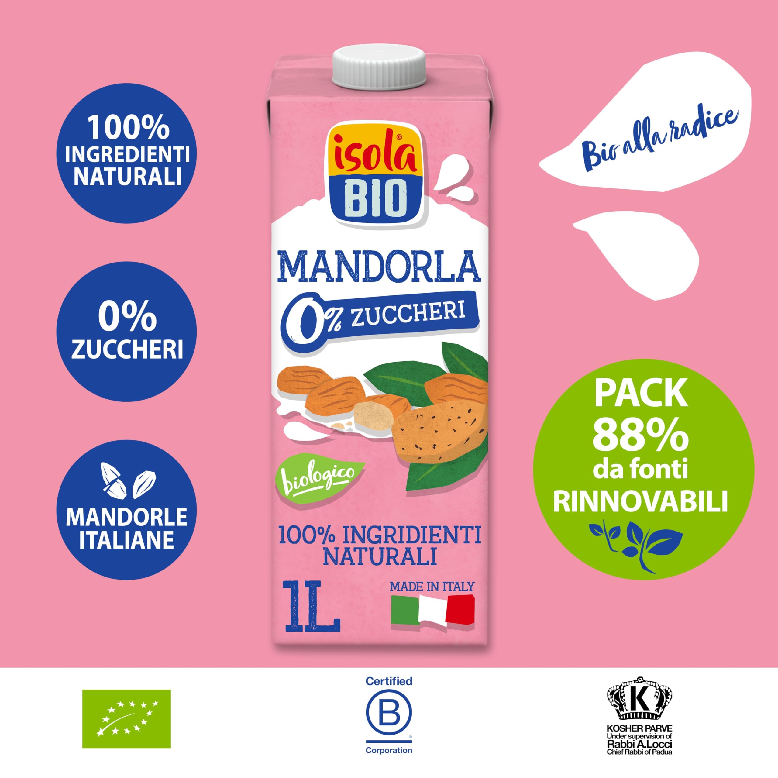 ISOLA BIO Bevanda di Mandorla Zero Zuccheri Biologica, 100% Ingredienti Naturali, Senza Glutine, a Basso Contenuto di Grassi, per Vegetariani e Vegani, 6 Confezioni da 1 Litro