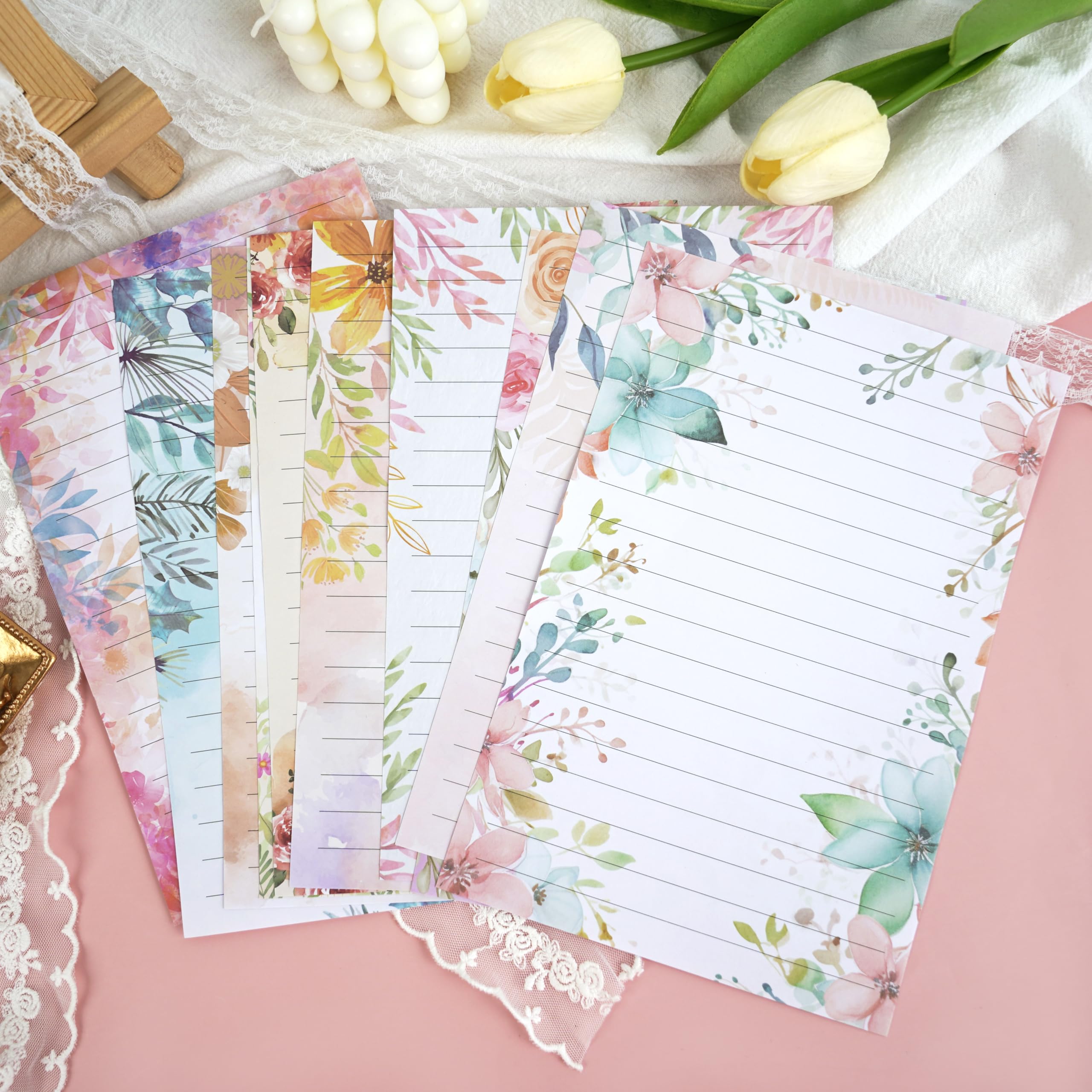 Briefpapier-Umschläge-Set, 160 Stück, 50 linierte Briefpapier, 50 Umschläge, 60 Punkt-Aufkleber, Vintage/Blumen/Blatt/Aquarell, verschiedene Stile (Schreibwaren, 160 Stück, Floral)