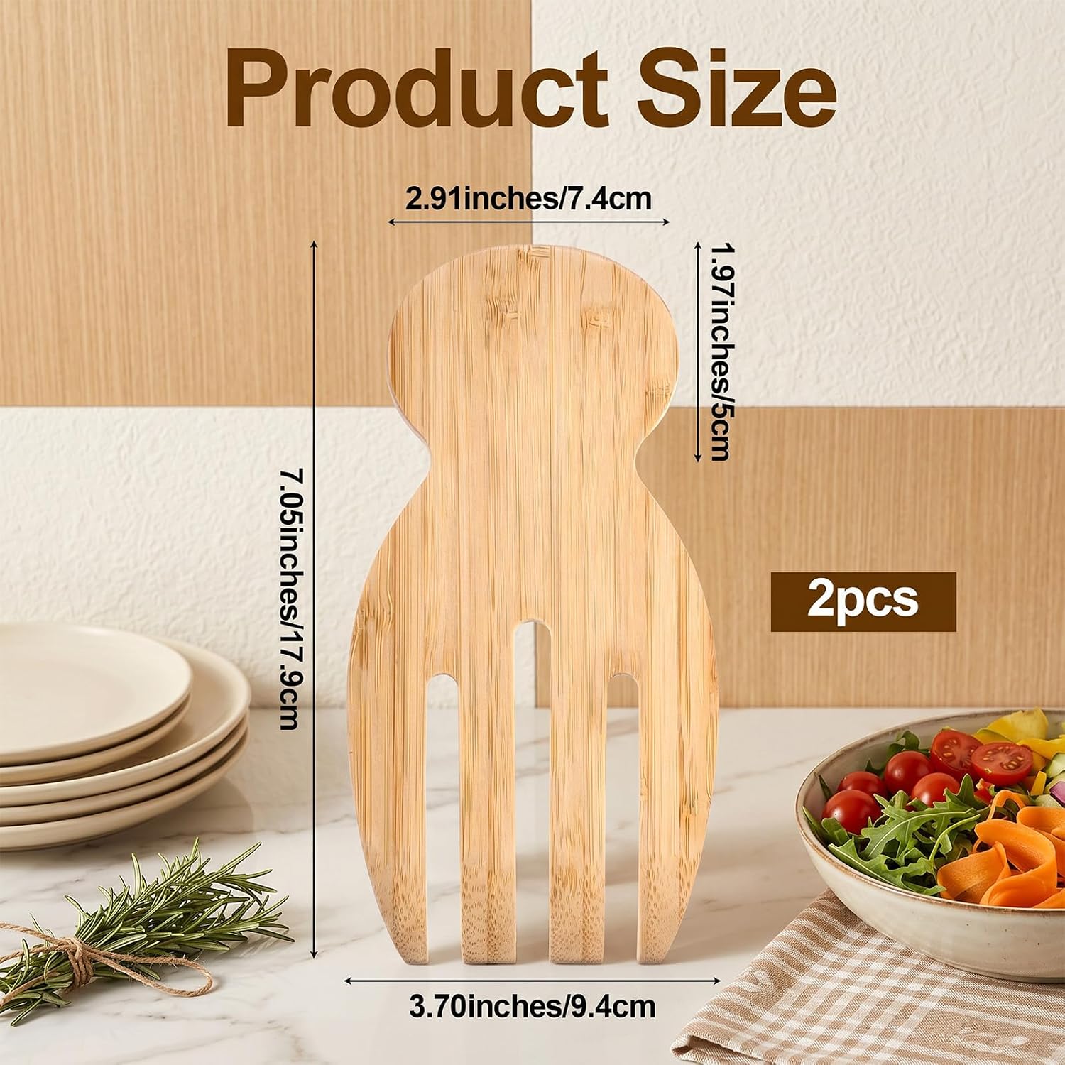 2pcs Salad Servers, Wooden Salad Tongs with Smooth Surface