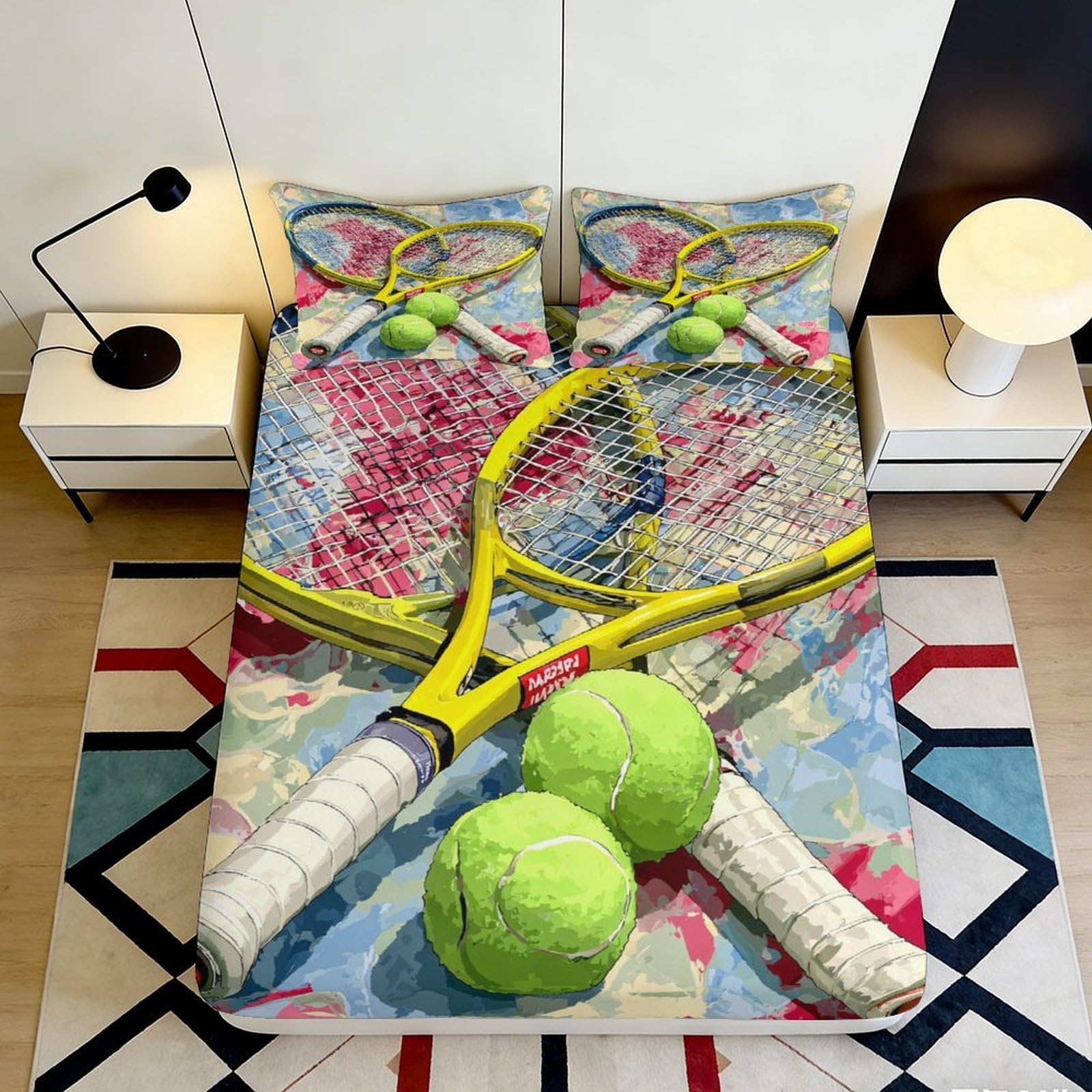 3D Printed Tennis Racket Fitted Sheet Microfiber Soft Non Slip Tennis Ball Mattress Cover for Bedroom Home Dorm Decor 180x200x25cm