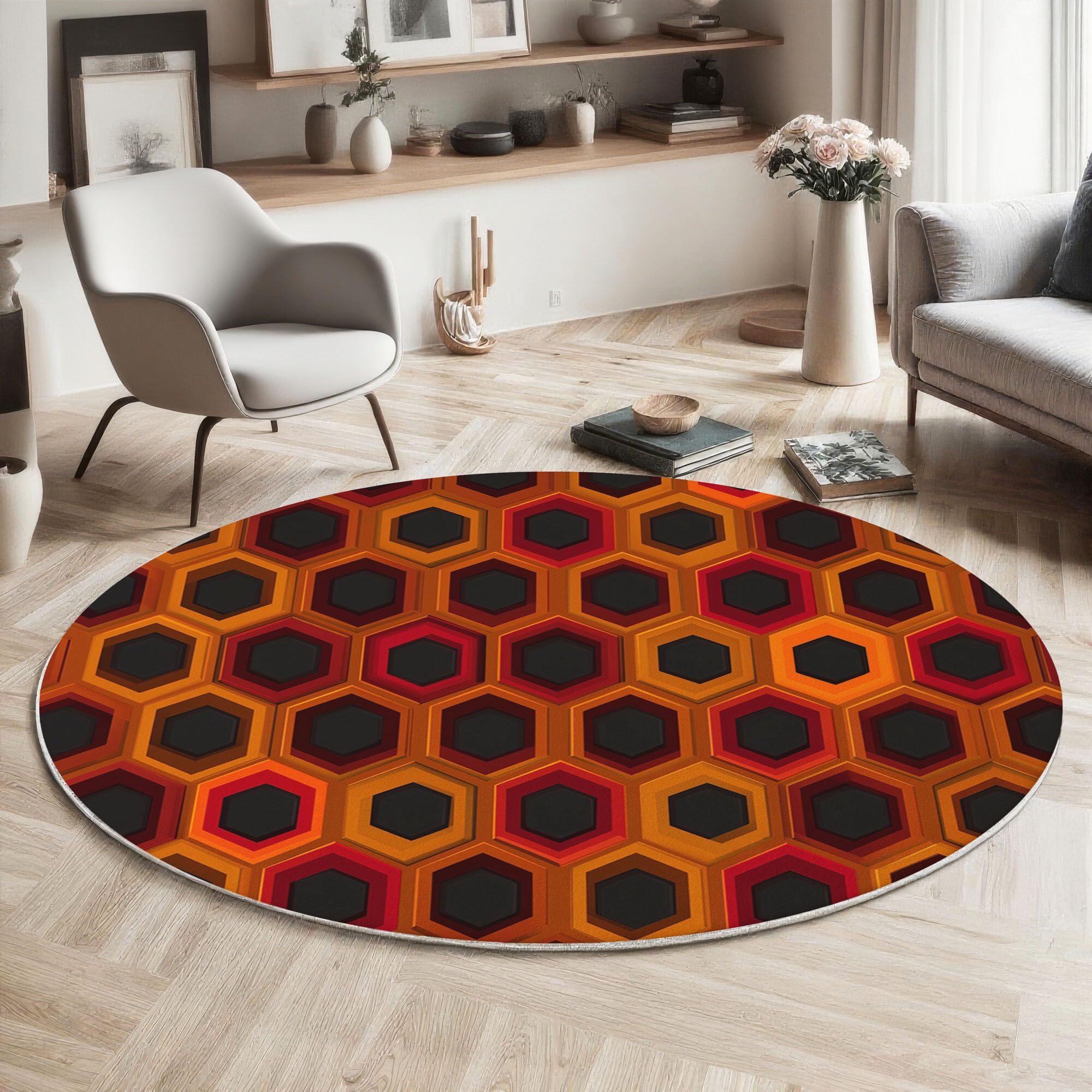Tapis pour salon moderne et entrée design rond 100cm marron géométrique
