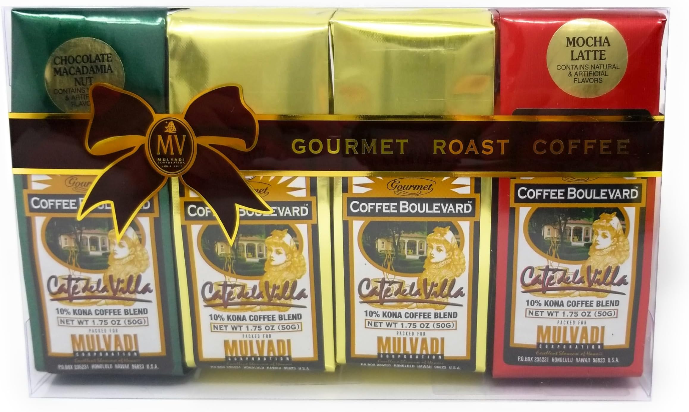 Mulvadi 10% Kona Coffee Blend Gift Pack, Ground, 3 Flavors,Four 1.75 oz Bags