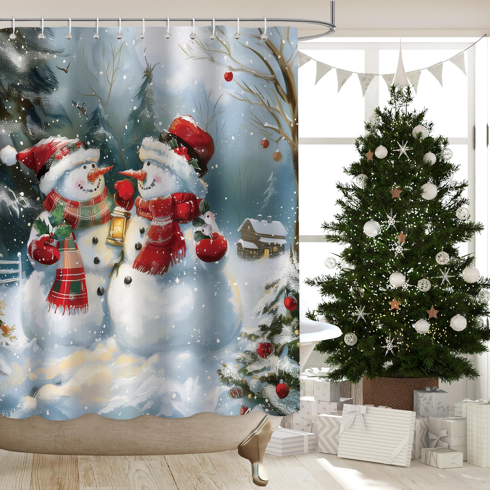 Christmas Snowman Shower Curtain for Bathroom Decor, Winter Xmas Tree Rustic Waterproof Shower Curtain Set with Hooks, Machine Washable, 72x72 in, Red