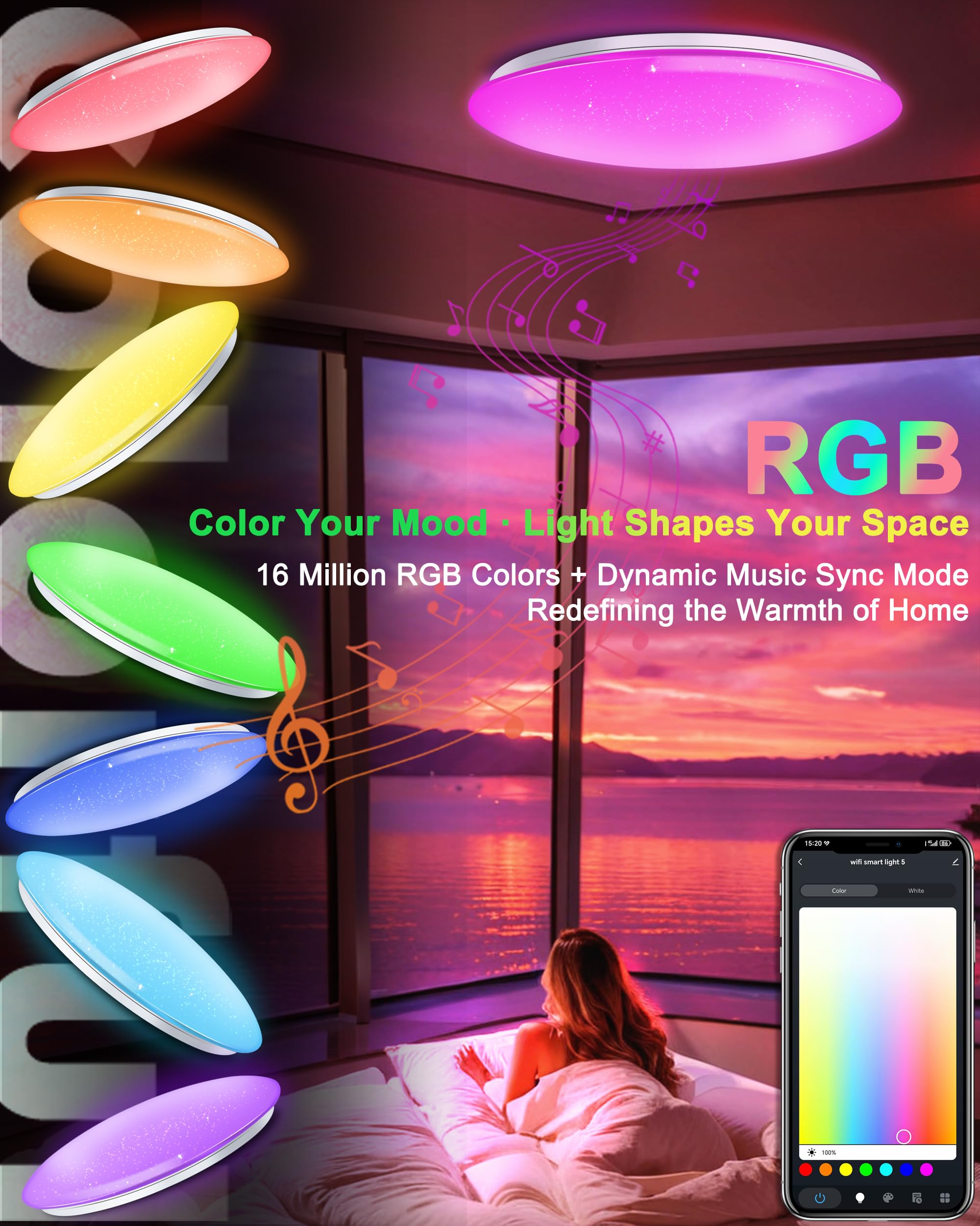 LED Plafoniere da 40cm 45W Compatibili con Alexa Altoparlante Bluetooth Integrato Luci dimmerabili e temperatura di colore regolabile Illuminazione ambientale RGB Telecomando incluso