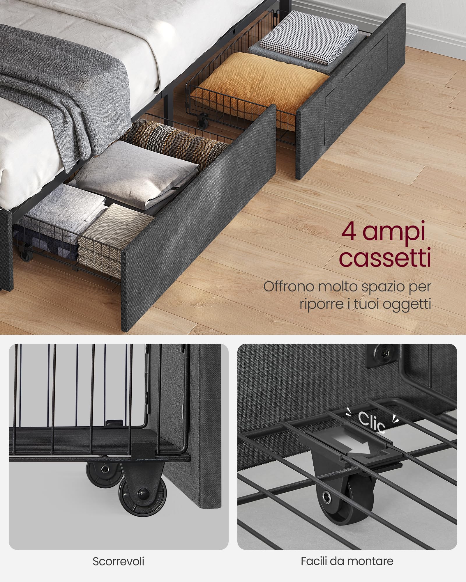 VASAGLE Struttura per letto matrimoniale, Struttura per letto, 160 x 200 cm, LED, Letto in metallo, 4 cassetti, Stazione di ricarica, Testiera imbottita regolabile, Grigio ardesia-Nero opaco RMB828G02