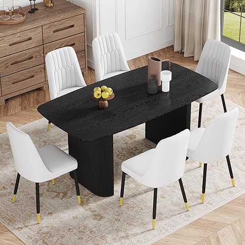 Miniatura 31 de Ebullient Juego de mesa de comedor blanca de 67'' para 6, juego de sillas de mesa de cocina con elegante base de pedestal ondulado, juego moderno