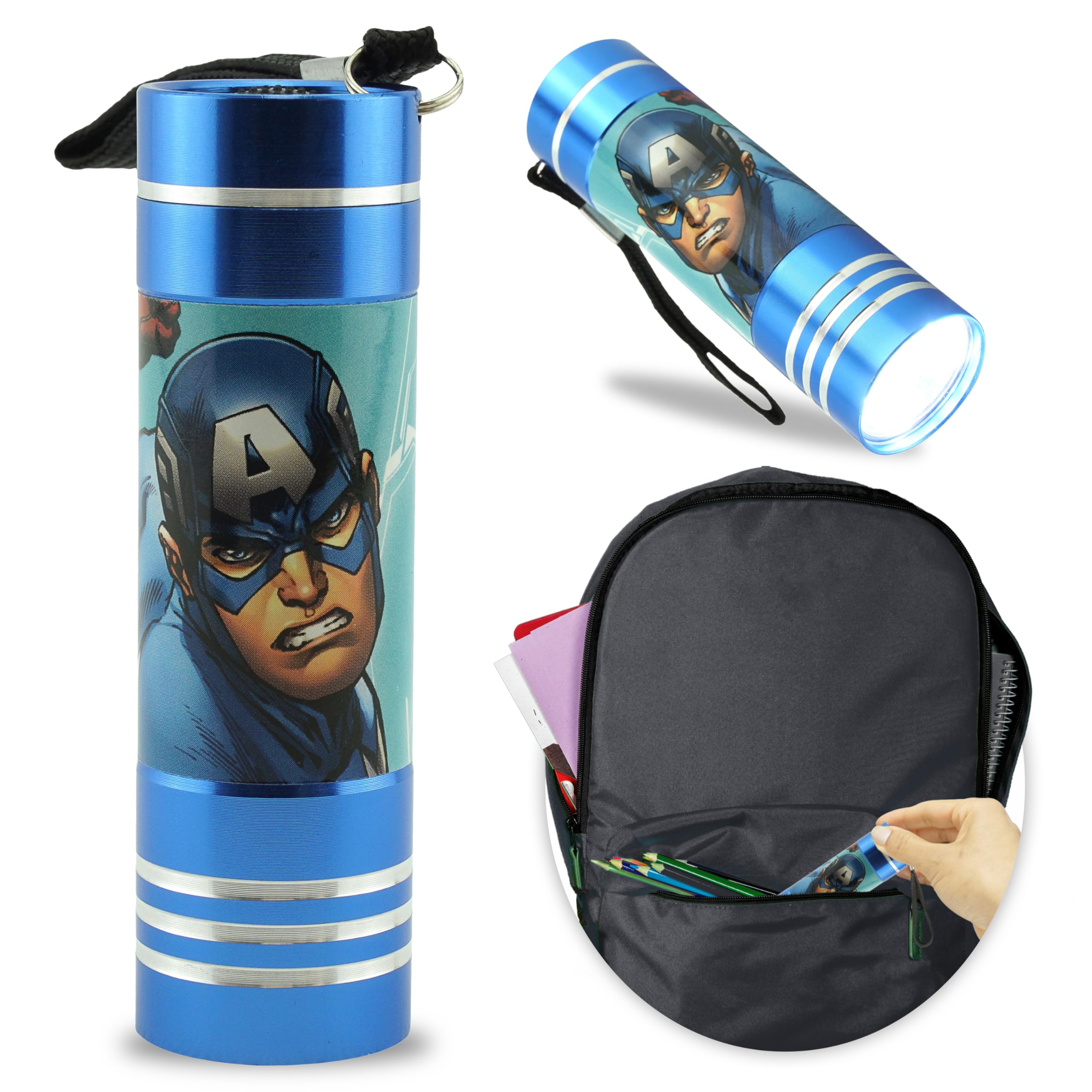 Kids Licensing Captain America Avengers 9-LED Blue Aluminum Flashlight – Lightweight Torch for Camping, Travel, Emergencies, Christmas Gifts