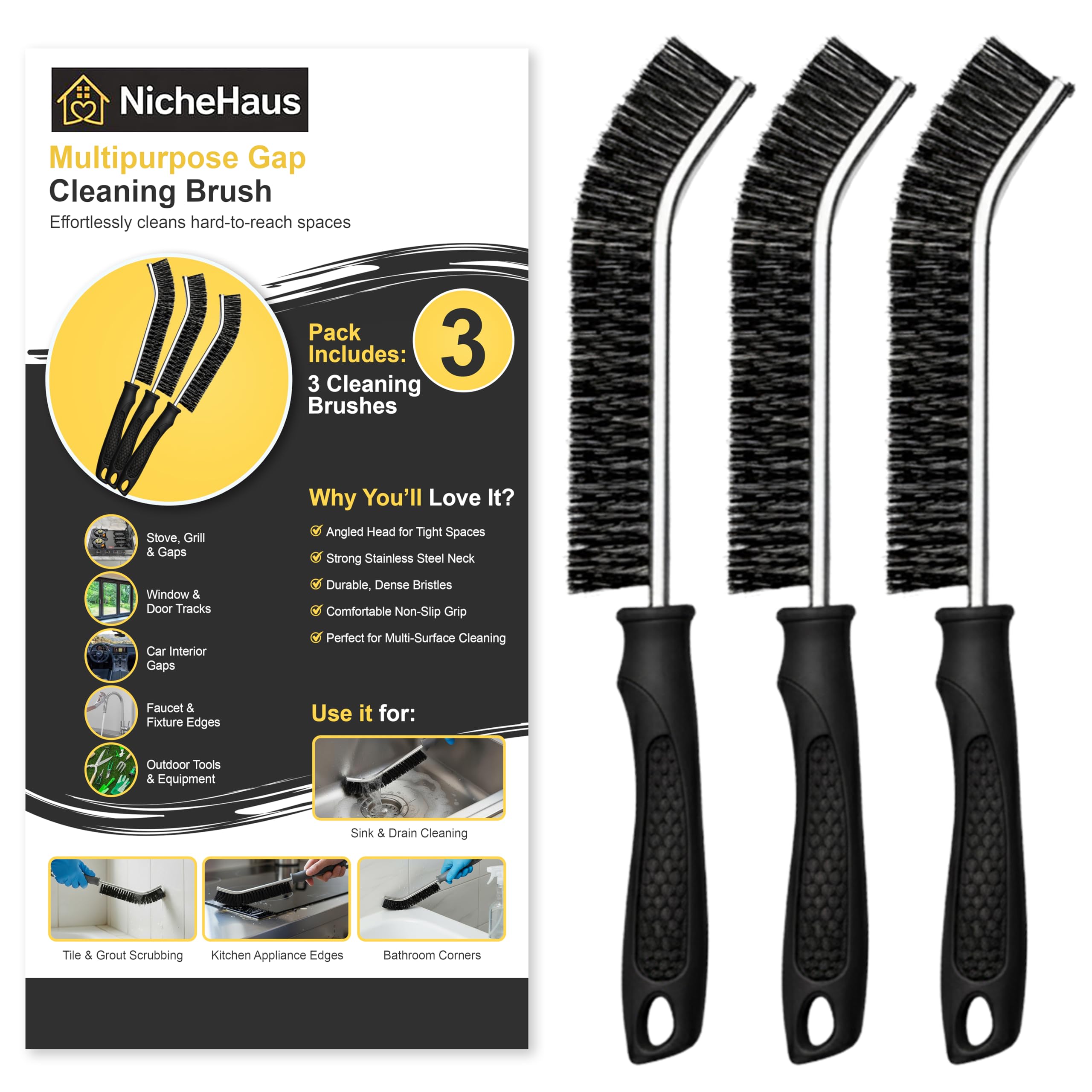 Nichehaus Black 3Pcs Crevice & Grout Cleaning Brush Uk Set – Thin Hard Bristle Brushes For Small Spaces & Tight Gaps