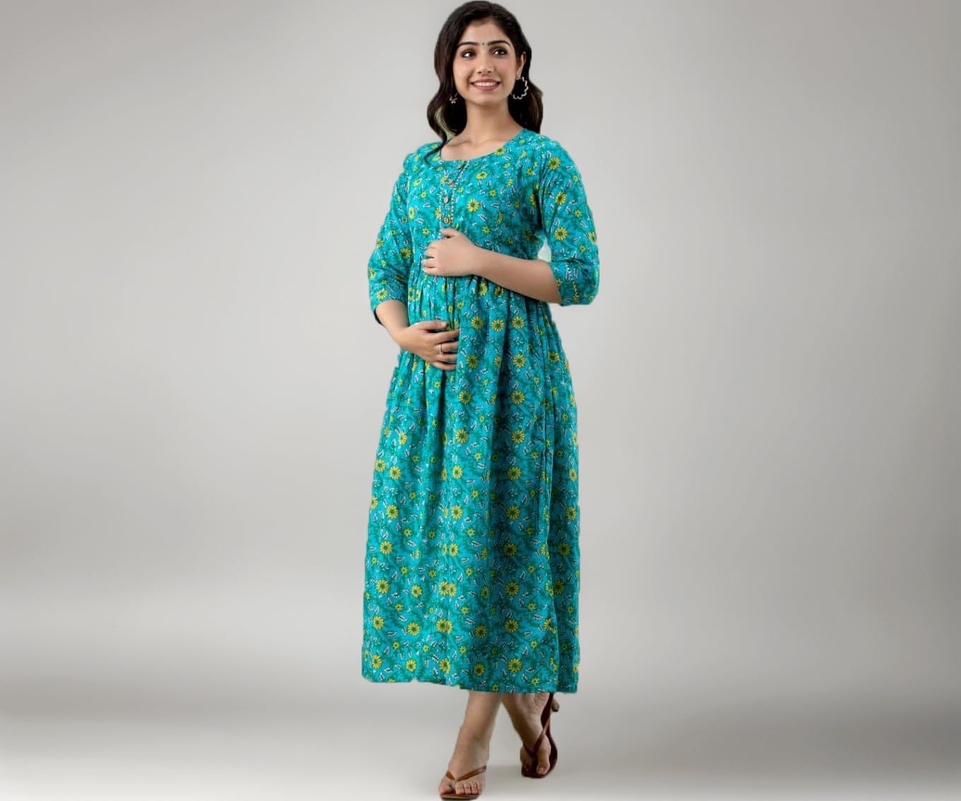 Women's Pure Cotton Printed Maternity Gown/Maternity wear/Feeding Gown A-line Maternity Feeding Dress Maternity Kurti Gown for Women
