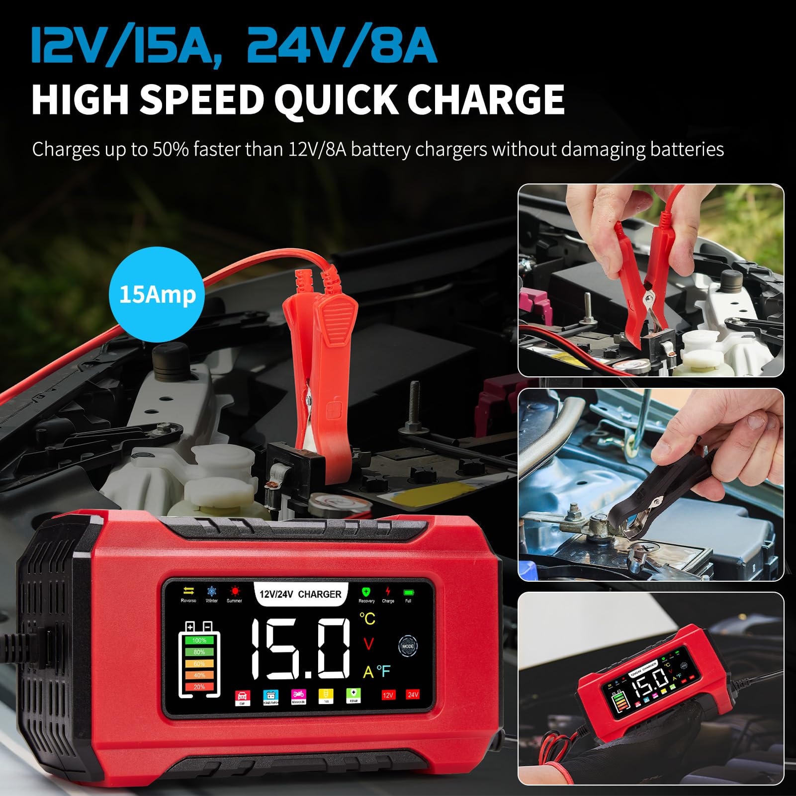 15-Amp Car Battery Charger 12V/24V, Aptliton Intelligent Car Battery Charger with 9-Stage Charging, LCD Display For Car, Truck, Motorbike, Boat - Compatible with Lead-Acid, AGM, EFB, LiFePO4 Batteries - 2