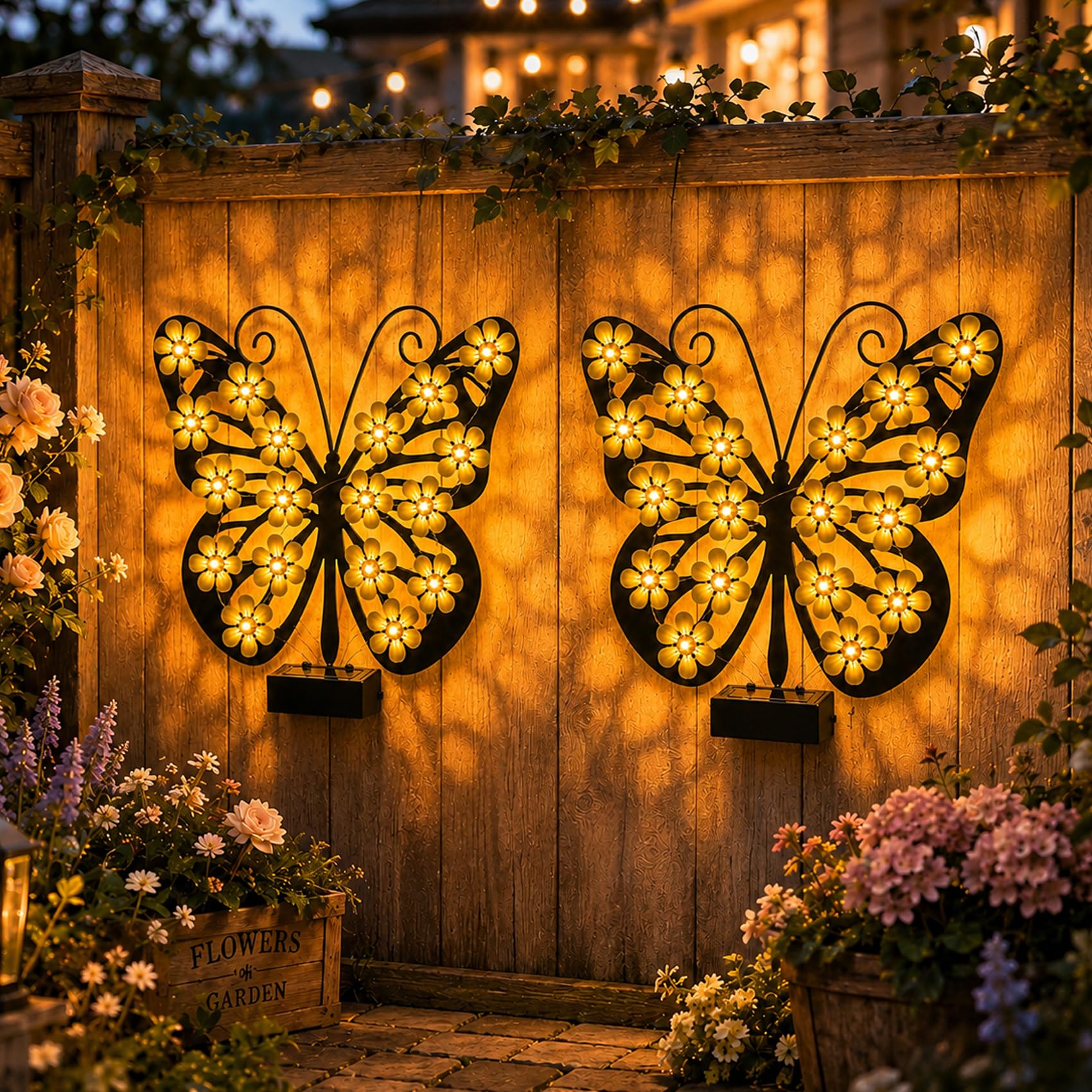 Solar Butterfly Wall Lights Outdoor, Solar Lights Outdoor Metal Butterfly Wall Decor with Sparkling Light-Up Wings, Waterproof LED Butterfly Garden Light for Fences, Walls, Patios, Porches (2Pcs)