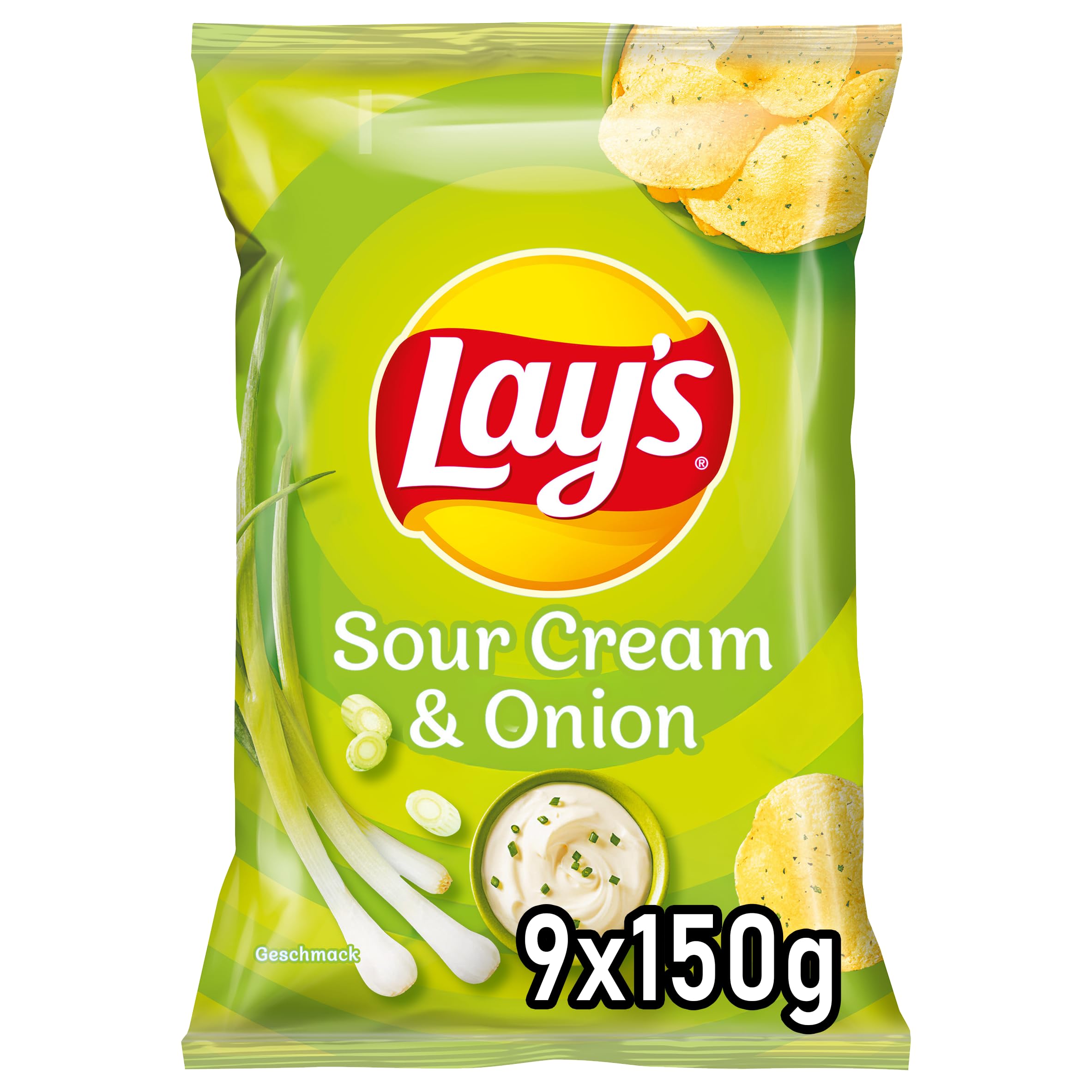 Lay's Sour Cream & Onion – Knusprig gewürzte Kartoffelchips für eine gelungene Party (9 x 150 g) (Verpackungsdesign kann abweichen)