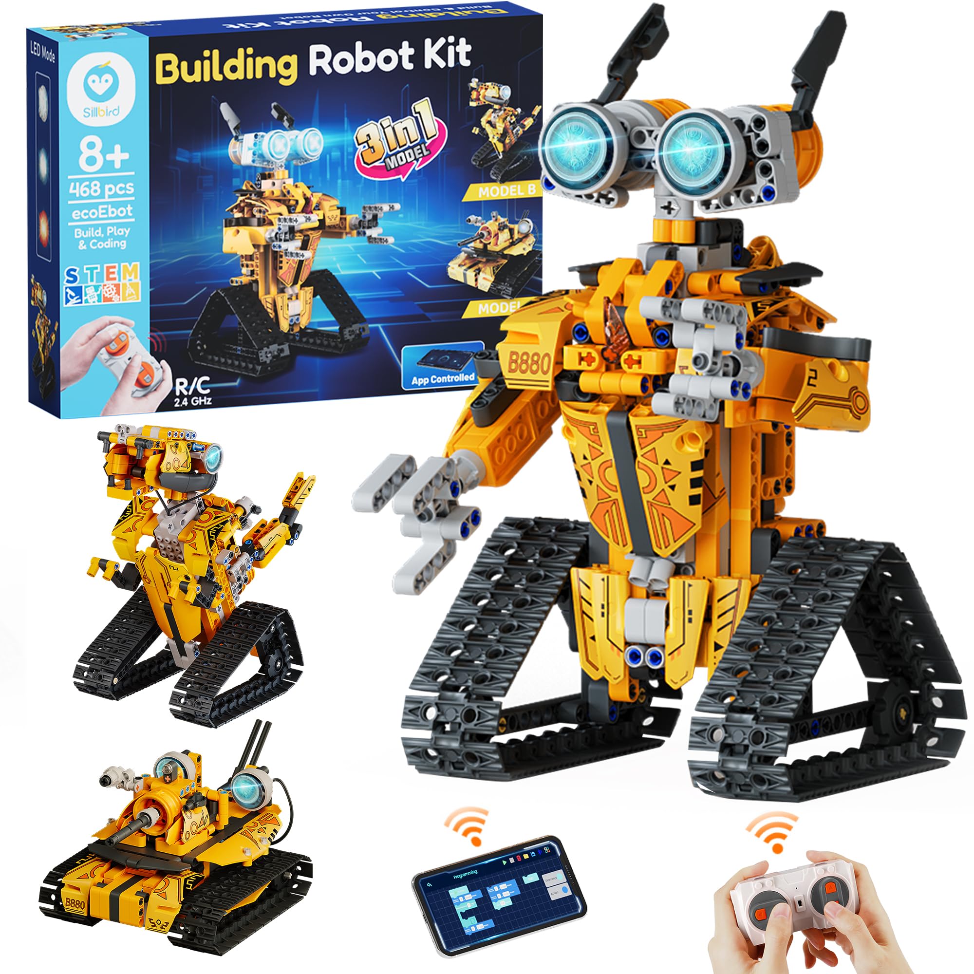 Sillbird Kit de Construction Robot avec Télécommande, Set Robotique Technique à Programmer, Modèle 3 en 1 468PCS pour Garçons 8-12 Ans