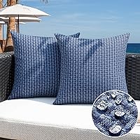 KevinTextile Waterproof Outdoor Throw Pillow Covers 2 Pack 18x18 Navy Blue - Weaving Texture for Patio Garden Sofa Cushions