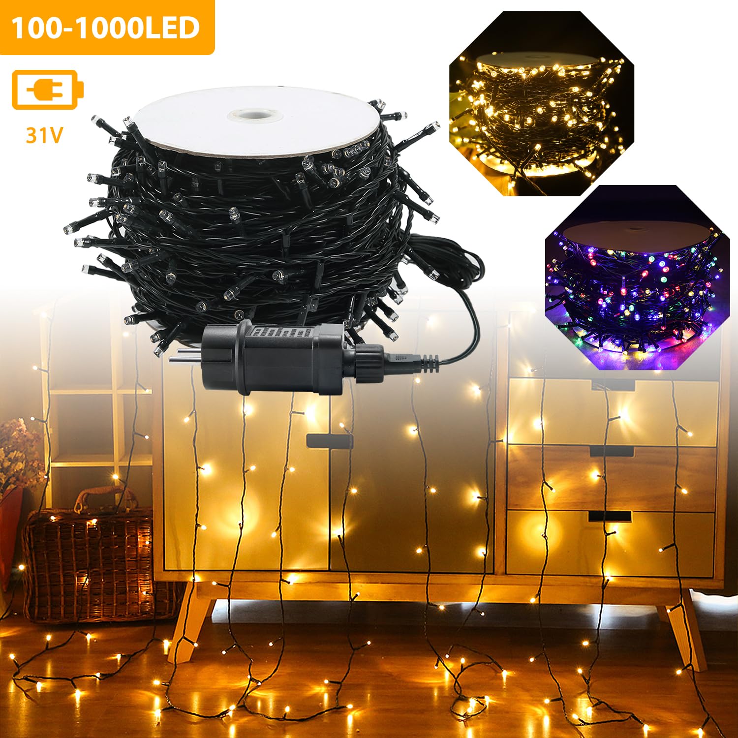 Łańcuch świetlny, 1000 diod LED, do użytku na zewnątrz, IP44, odporny na warunki atmosferyczne, na Boże Narodzenie, imprezę, dekoracja pokoju dziecięcego – ciepła biel, 100 m