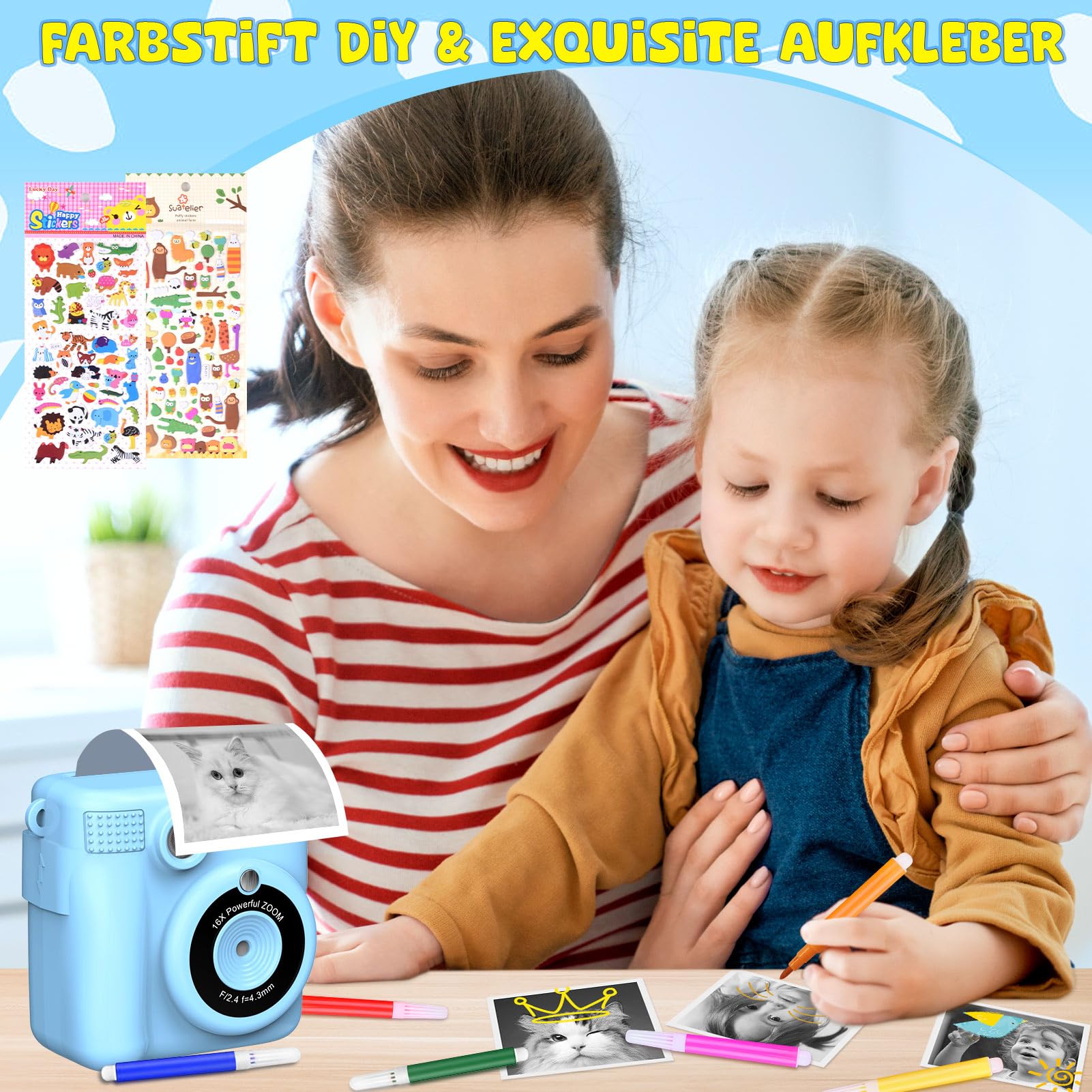 Fotocamera digitale per bambini, con stampa istantanea, 1080P, in bianco e nero, per foto (blu)..
