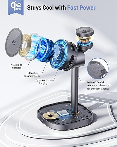 Miniatura 8 de Estación de carga inalámbrica 3 en 1, cargador magnético rápido certificado Qi2.2 de 25 W, soporte de cargador inalámbrico Mag-Safe con 25W Cielo