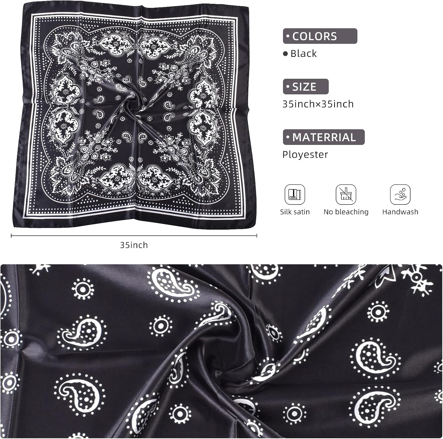 35 x 35 Women's Fashion Pattern Large Square Silk Like Hair Scarf Head Sleeping Wrap Satin Neck Bandana for Gift… image 3