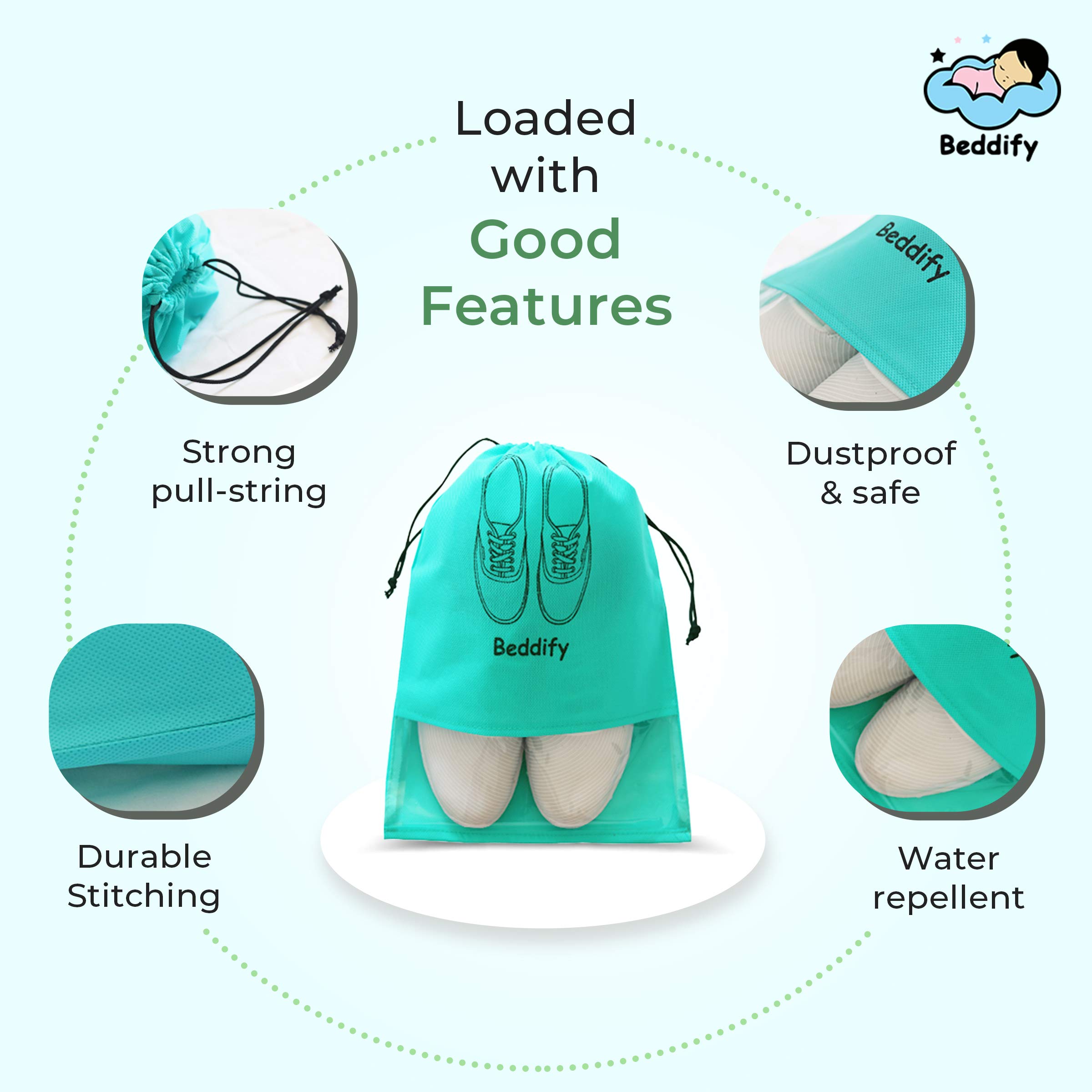 Beddify Non Woven Synthetic Portable Pouch Footwear Organizer Durable Travel Shoe Cover - Set of 12 (12 X 16 Inch, Aqua Blue) 2