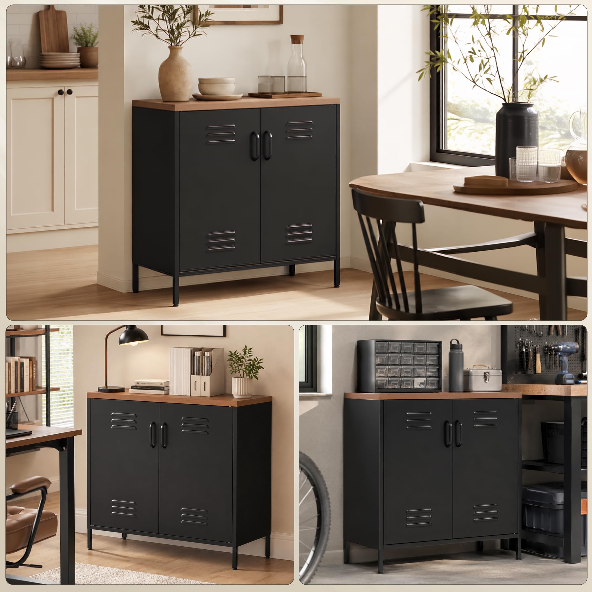 HOMCOM Sideboard aus Metall mit 2 Türen, Stahlbeinen, 80x40x80 cm, Schwarz | Industrieller Aktenschrank, Verstellbarem Regal, Beistellschrank, für Wohnzimmer, Küche, Esszimmer, Büro