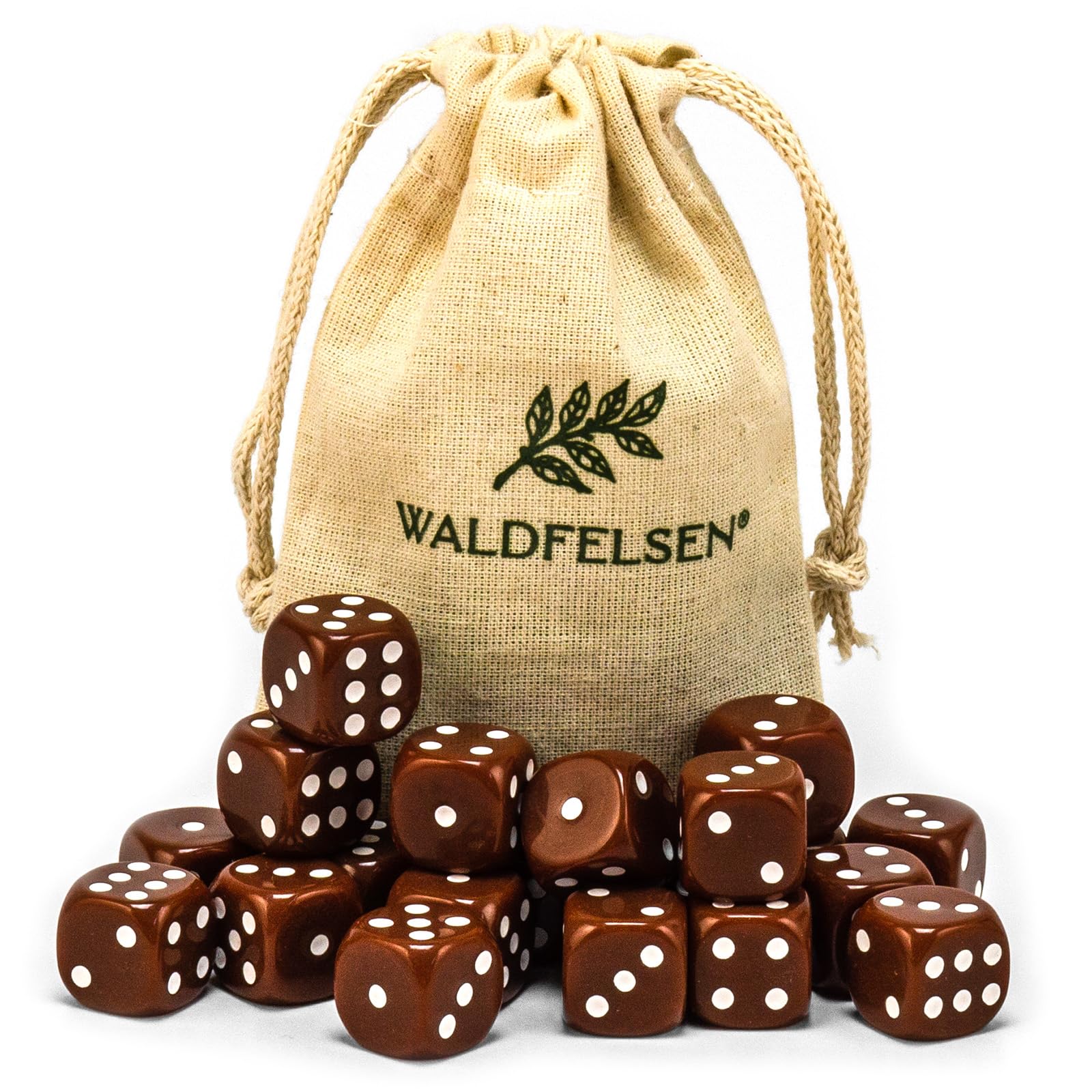 Waldfelsen® High-Quality Dice 6, 12, 20, 30 or 50 Standard Size 16 mm Acrylic Dice Puzzle Play Cube Dice 6-Sided Six Sided Play Accessories Set with Fabric Bag (Brown, 20 Pieces)