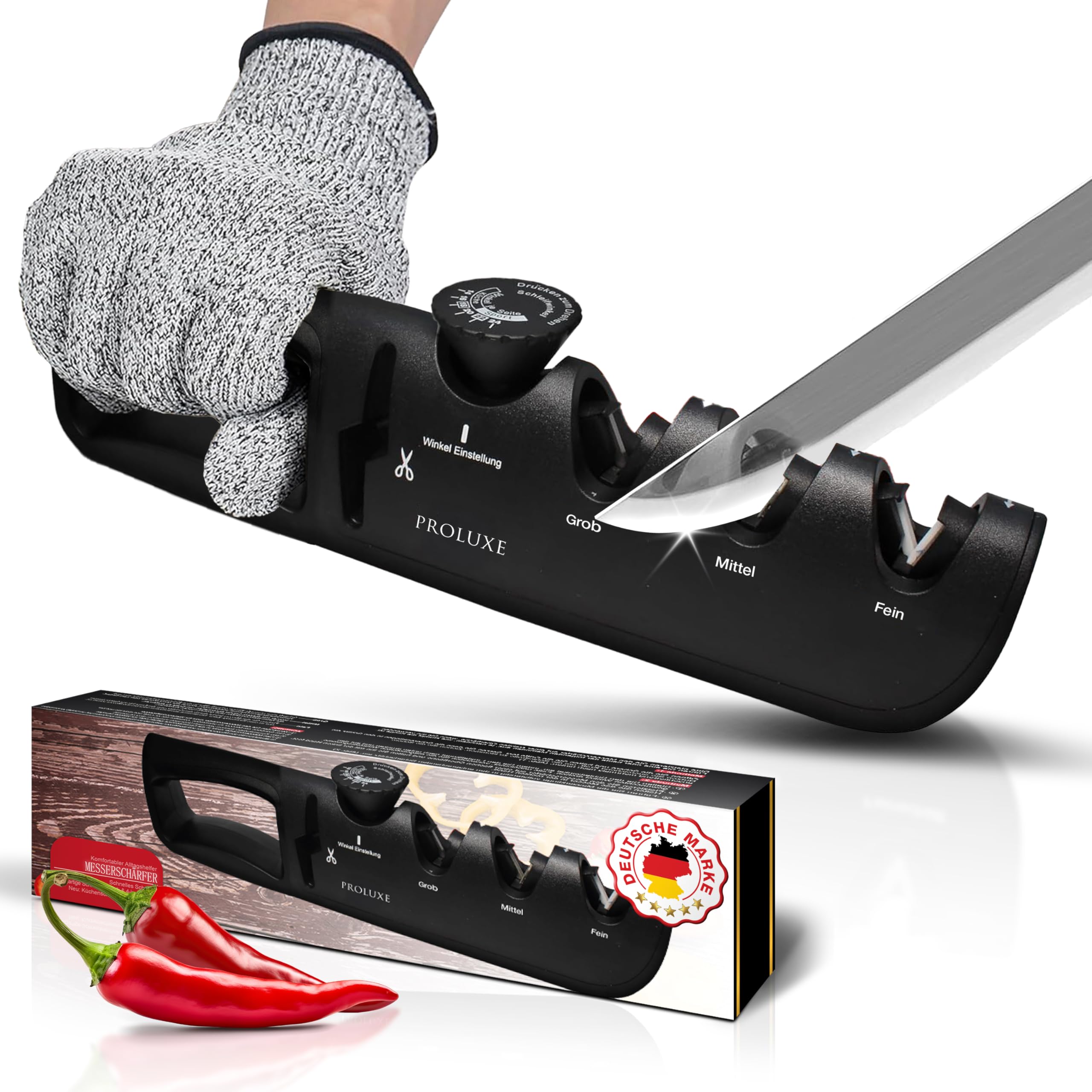 Proluxe® Affilacoltelli professionale con guida angolare e affilacoltelli – 4 livelli manuale per coltelli da cucina, coltello damascato e forbici – levigatrice diamantata – Kitchen Knife Sharpener