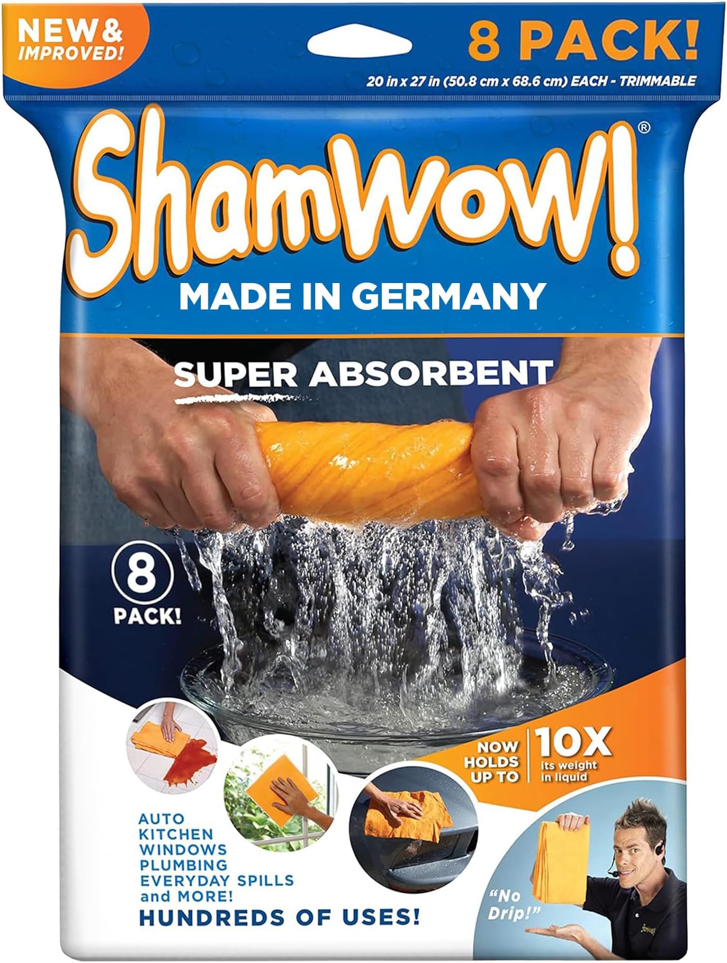 Shammy Cloth 8-Pack, 20"x24", Super Absorbent Chamois Towel | Super Large, Lint-Free & Scratch-Free, Holds 10x Its Weight