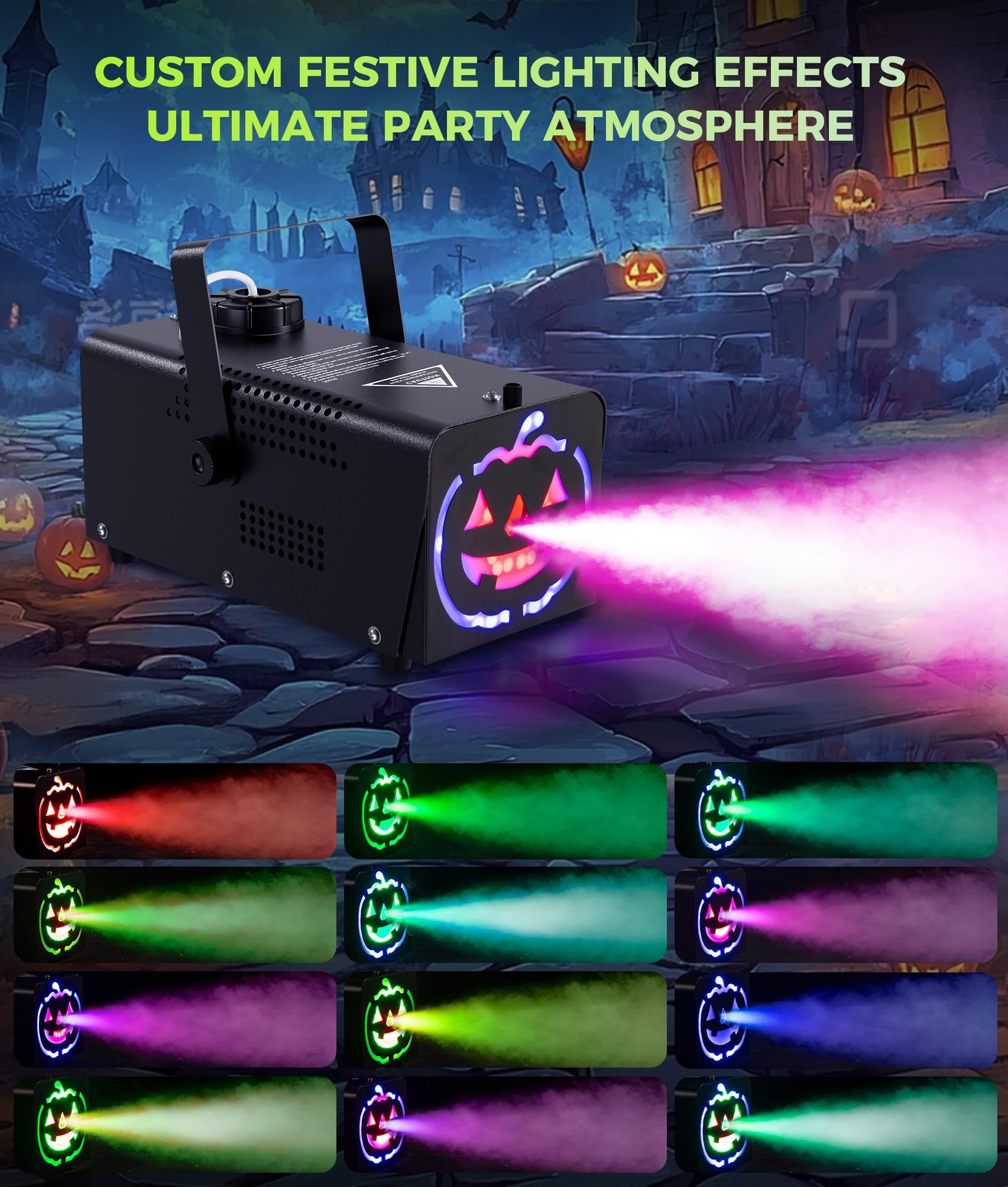 IMONE Fog Machine 500W 2000CFM 2 Spooky Themed Light Covers Smoke Machine with 72-LEDs with 12 Light Colors, Wireless Remote Controls, for Halloween, Wedding, Parties, DJ Stage, Indoor & Outdoor Use