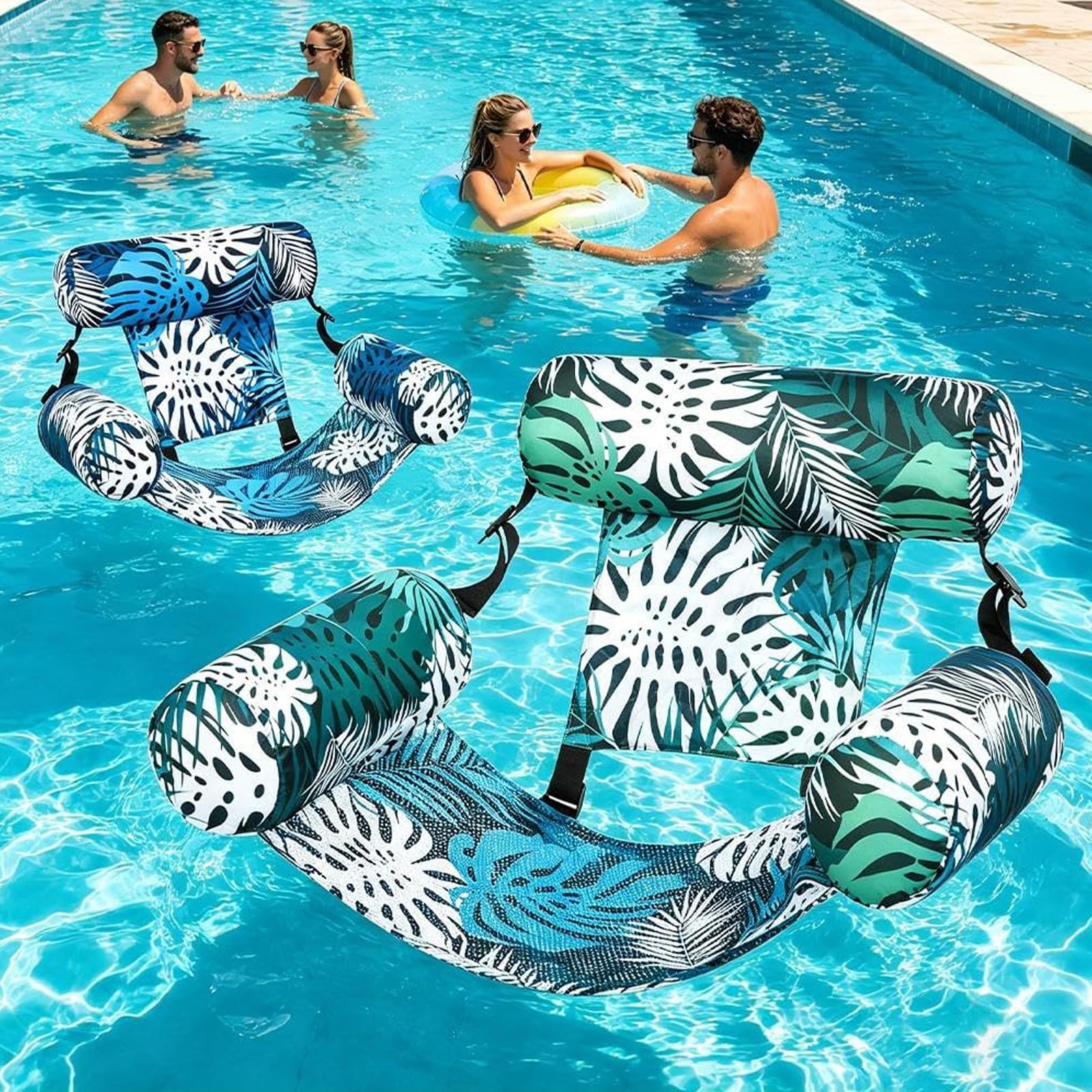 Hamac Gonflable À Motif Tropical avec Appui-tête et Sangles Réglables, Hamac Flottant Portable en PVC pour Piscine, Plage et Lac