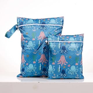 2 Pcs Wet Bags Waterproof Reusable Zippered Pocket Cloth Diaper Bag for Travel Beach Pool Swim, Baby Diapers,Gym Yoga Wet Clothes,Swimsuit,water wipes (Octopus)