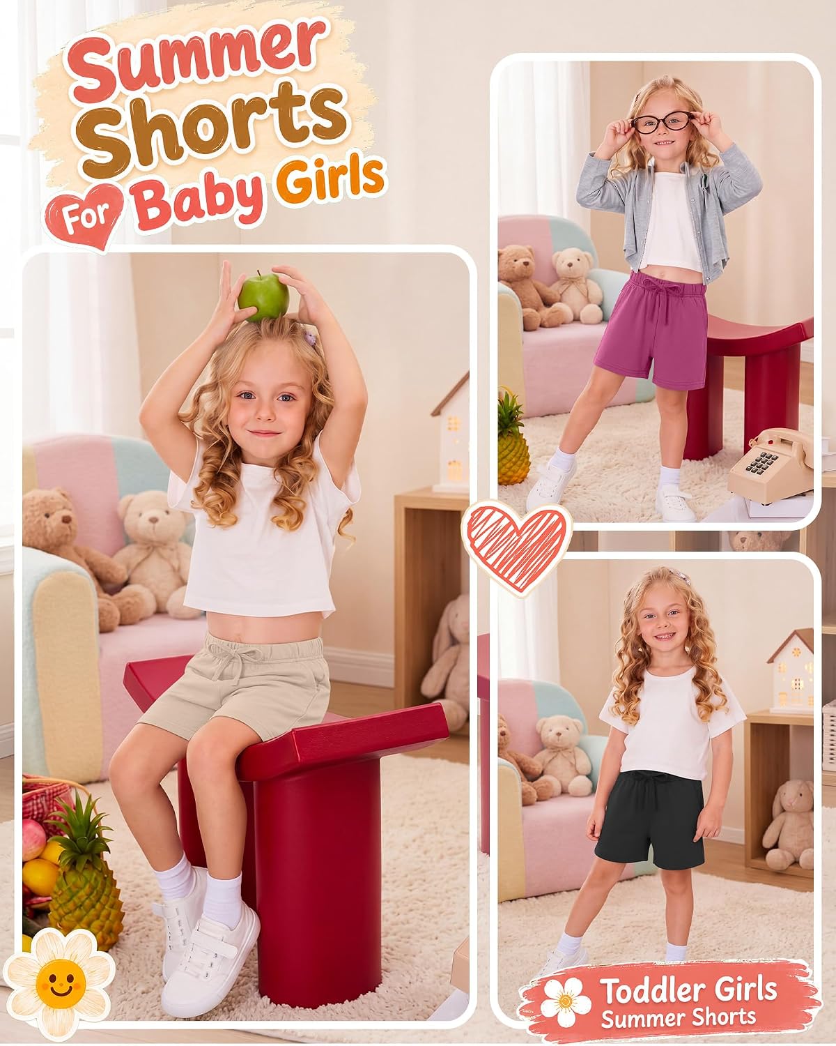 3 Pack Toddler Girls Shorts Baby Summer Athletic Shorts Infant Casual Soft Drawstring Clothes with Pockets