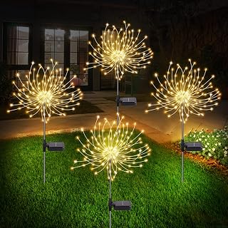 4 Pack Solar Firework Lights, Solar Garden Lights Outdoor 120 Led, Waterproof Stake Landscape Lights with 8 Flashing Modes, for Garden Pathway Courtyards Wedding Christmas Decor (Warm White)