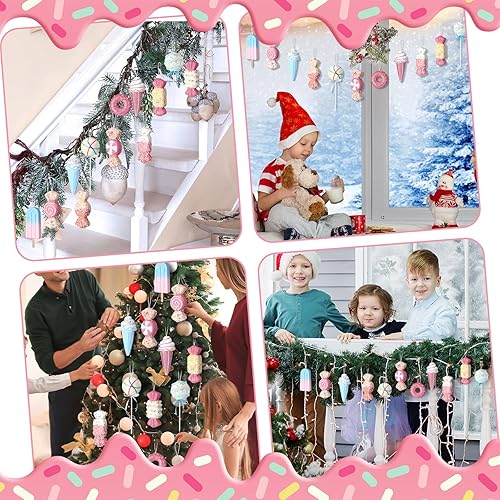 Miniatura 5 de Poen 12 adornos de Navidad de caramelo 2025 de 5.9 pulgadas, decoración de árbol de Navidad de caramelo rosa pastel, paletas grandes, dona, helado,