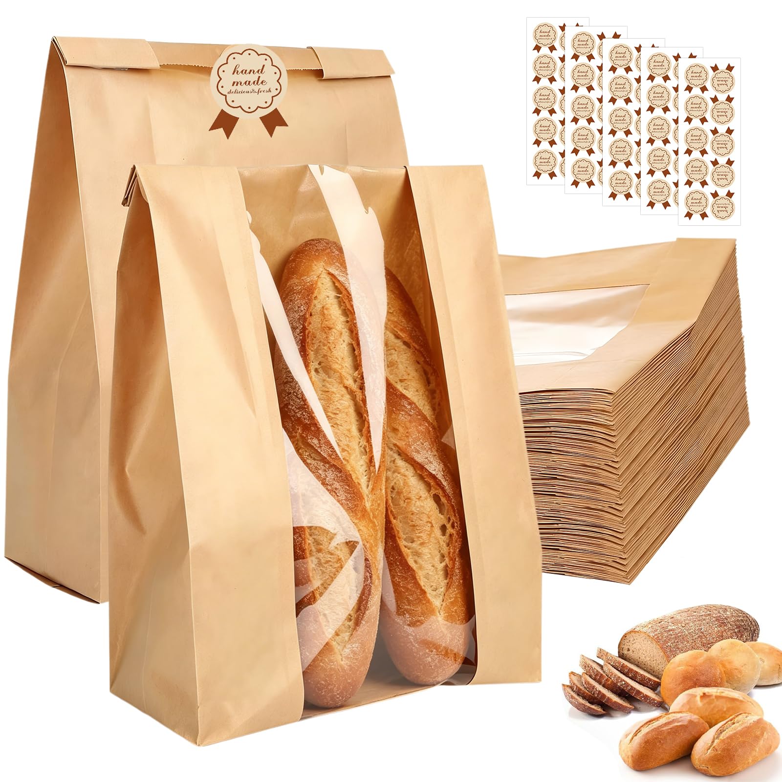 50 Pcs Paper Bread Bags with Window, 9.3x4.7x1.9 Inch Wax Cookie Bags, Kraft Paper Sandwich Bag for Storage Bread Cookies & Snacks