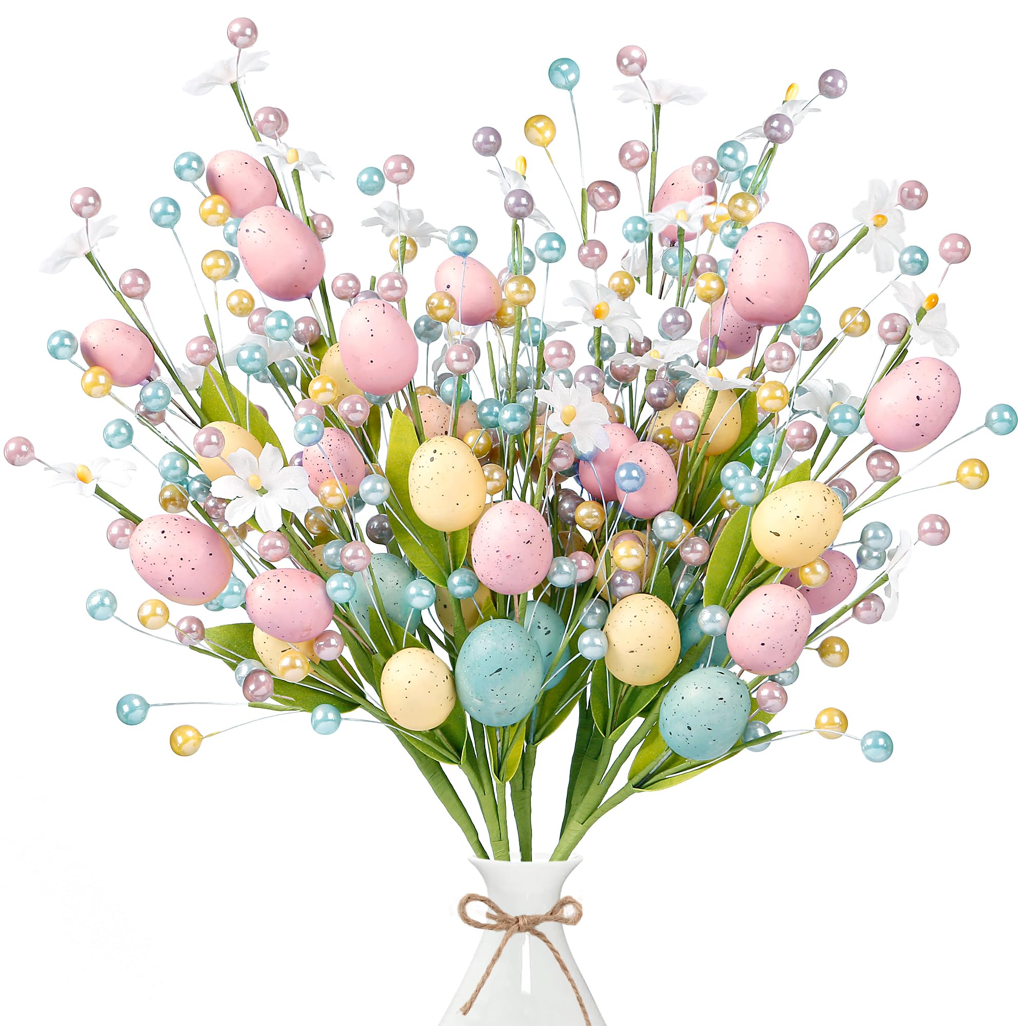 Sggvecsy Tallos artificiales de Pascua, 6 unidades, púas de bayas de primavera con huevos de Pascua, bayas coloridas, hojas, ramas, aerosoles de Pascua para arreglos de Pascua, centro de mesa,