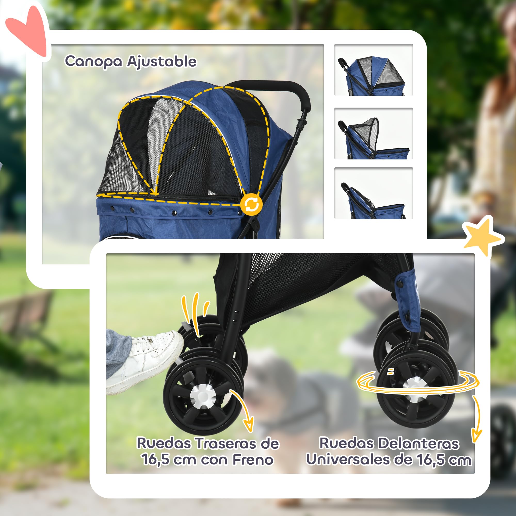 PawHut Carrito para Perros Plegable Cochecito para Mascotas Carrito para Perros Pequeños con Cesta Capota Ajustable Ventana de Malla y 2 Ruedas Universales Carga 15 kg 81x48x99 cm Azul Oscuro