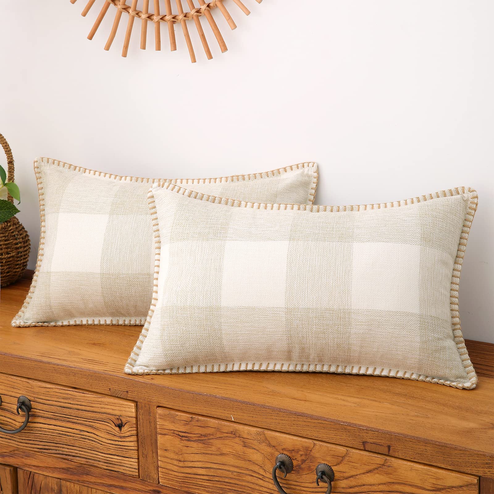 decorUhome Set of 2 Throw Pillow Covers, Farmhouse Buffalo Plaid Check Decorative Pillow Covers for Bed Couch Sofa, 12x20 Inches, Cream White and Beige