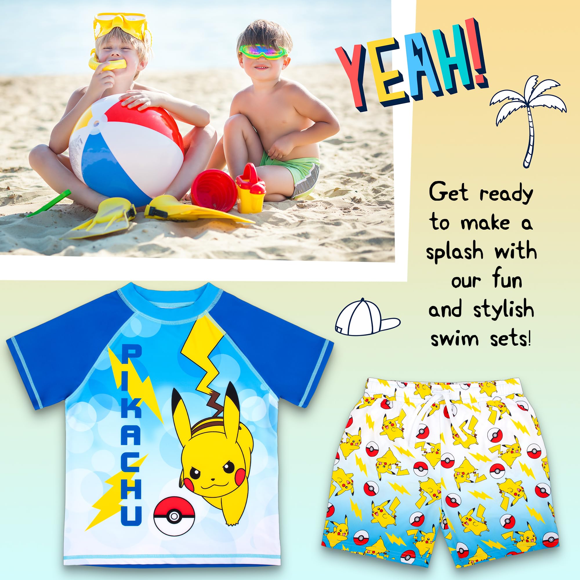Pokemon Zestaw kąpielowy dla chłopców, 2-częściowy, szorty kąpielowe i koszulka, ochrona przed promieniowaniem UV, kostium kąpielowy dla chłopców w wieku 5-12 lat