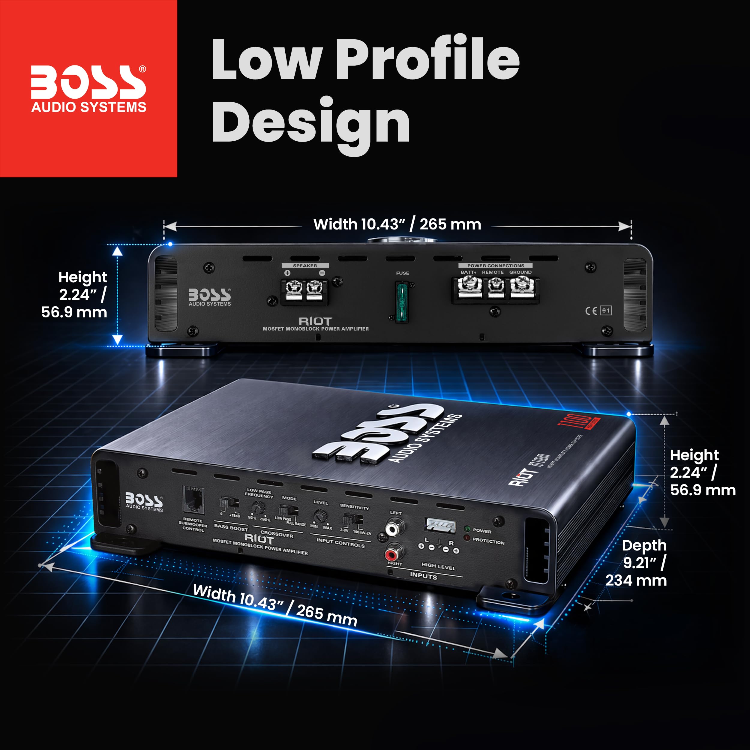 BOSS Audio Systems Amplificatore monoblocco per Auto R1100M - 1100 Uscita Elevata, 2-8 Ohm Stabile, ingressi di Livello Basso/Alto, Crossover Passa-Basso, Alimentazione MOSFET