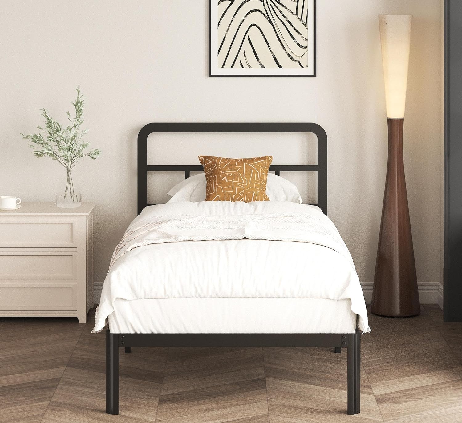 12 Inch Twin Bed Frames with Headboard, Heavy Duty Metal Twin Size Platform Bed Frame with Rounded Corner Legs, No Box Spring Needed, Noise Free, Easy Assembly, Black - Image 3