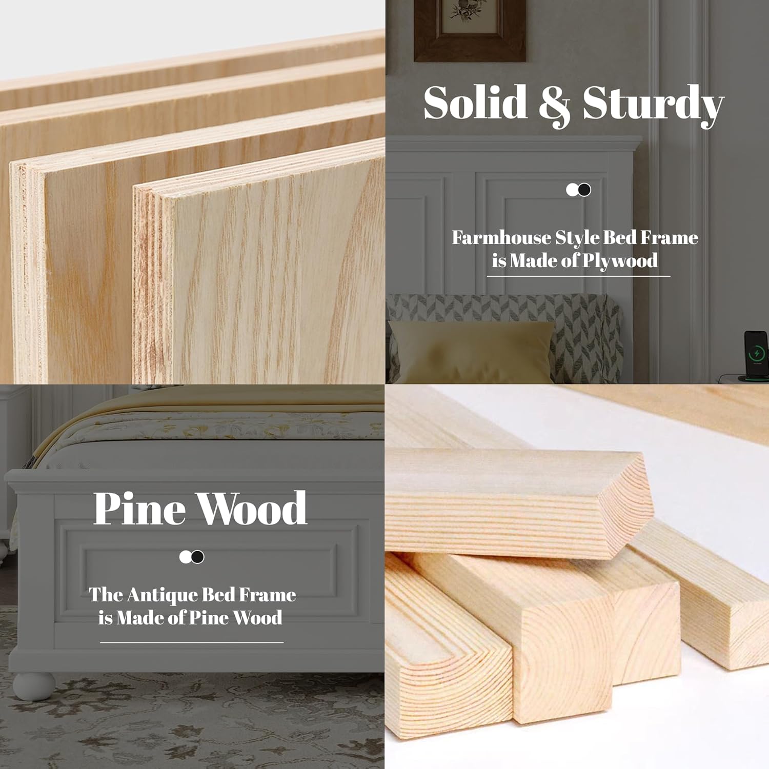 King Farmhouse Bed Frame, King Size Bed Frame Wood with Tall Headboard and Footboard, Pinewood Platform Beds with Built-in Charging Station, Noise-Free, No Box Spring Needed, White