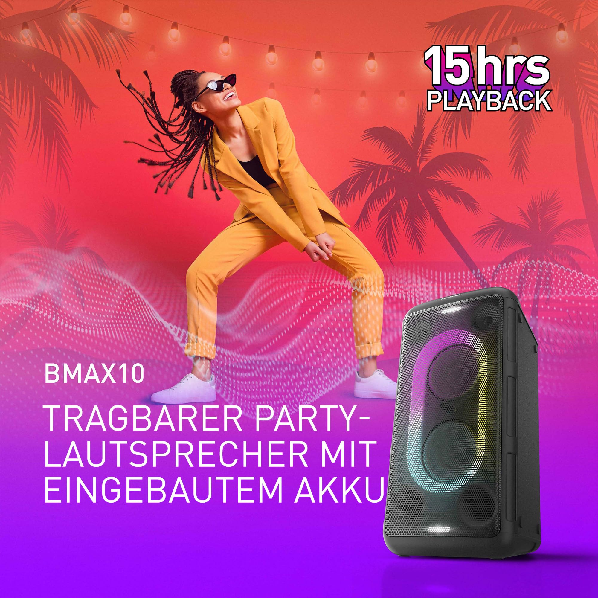 Panasonic SC-BMAX10E-K Tragbarer Party-Lautsprecher mit Bluetooth, integrierter Beleuchtung, 150 W, USB, optischem Eingang für TV, Gitarren- & Mikrofoneingängen für Karaoke, Schwarz