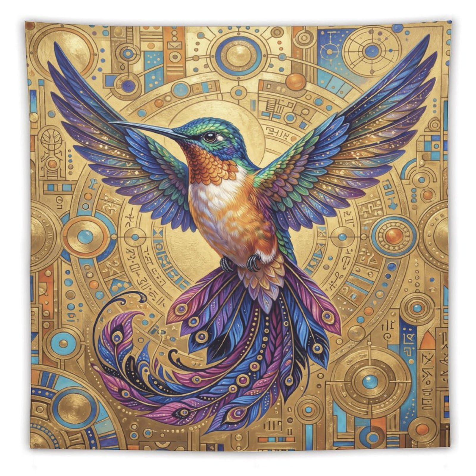 W7C8U2X3 Ornate Golden Hummingbird Wall Tapestry, Floral Wing Detail
