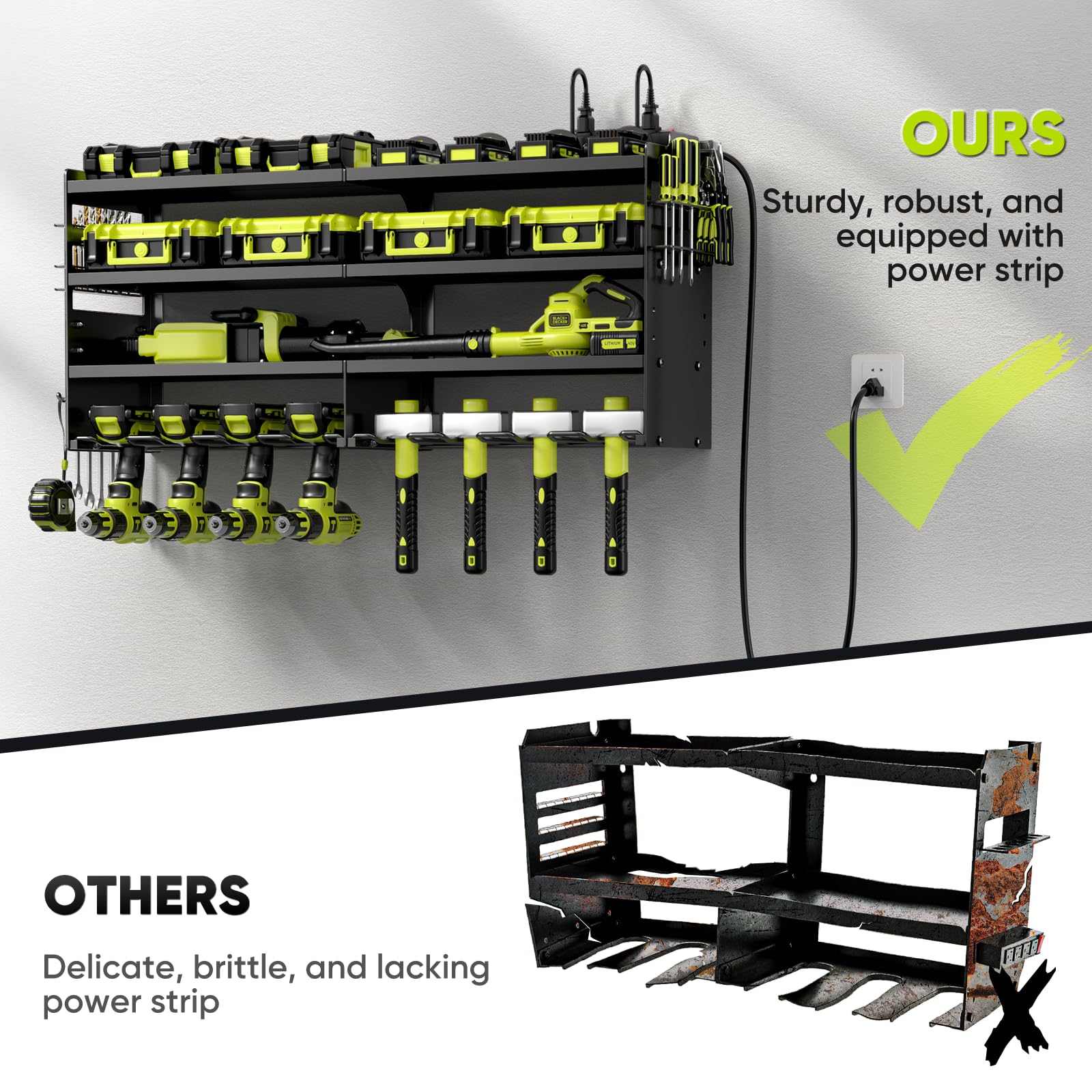 POKIPO Grande organizer per utensili elettrici da parete con stazione di ricarica, 4 ripiani in metallo resistente, carico 272,2 kg con 8 supporti per trapano senza fili, carica batteria con 4