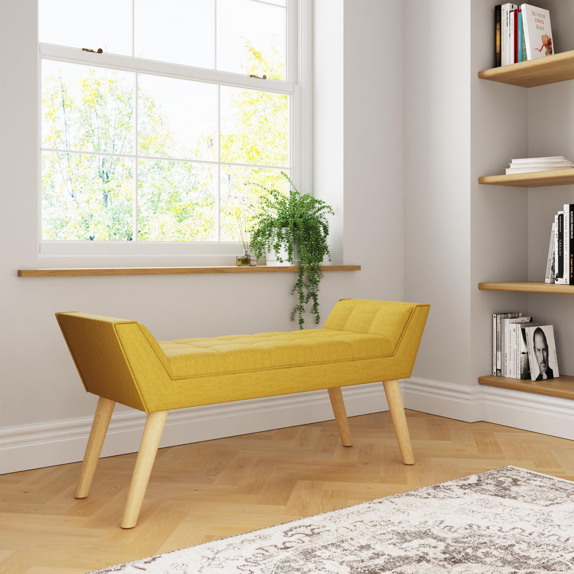 GFW Milan Upholstered Bench, Mustard Bench with Solid Wood Legs, Scandi Style Bedroom, Hallway and Window Seat